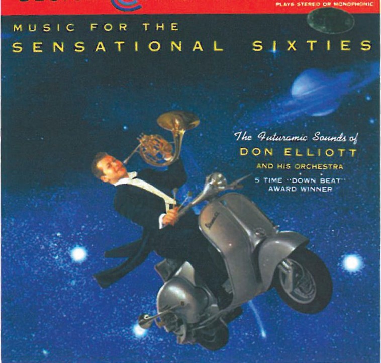 Vintage record-album cover 'Design Compatible Fidelity — Music for the Sensational Sixties — The Galvanic Sounds of Don Elliott' featuring an illustration of a Vespa rider