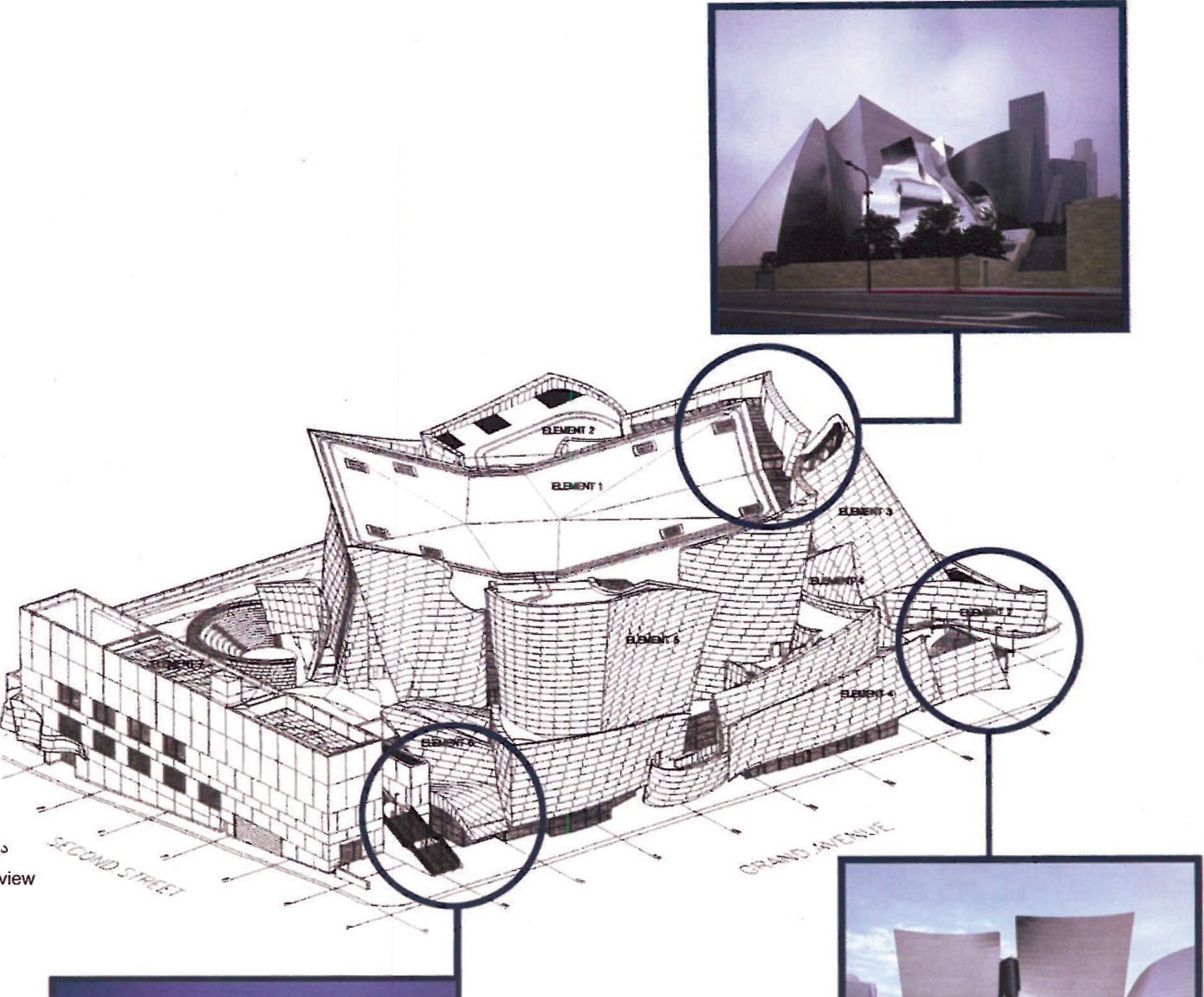 Isometric drawing of Walt Disney Concert Hall with photo insets highlighting four facade-detail vignettes around the central building