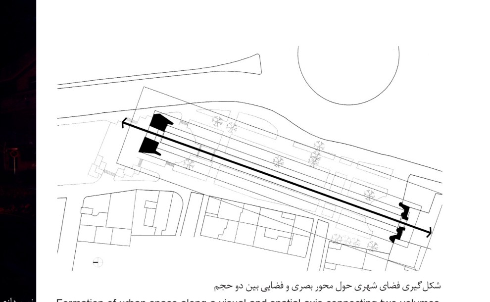 A diagram of urban space formation along the visual and spatial axis linking two volumes within an urban fabric