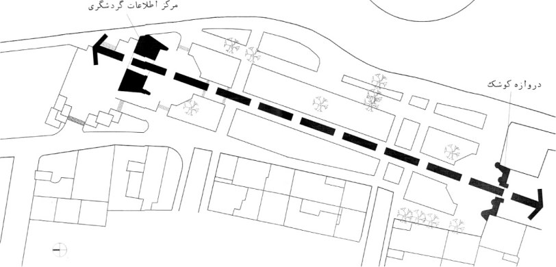 Site plan with a black axis line indicating the spatial and visual connection between two volumes