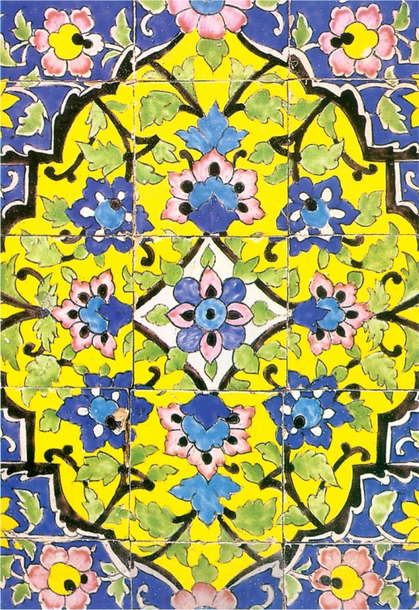 A square mosaic tile composition with a yellow ground, central rosette and stylised floral and leaf motifs in cobalt blue and pink