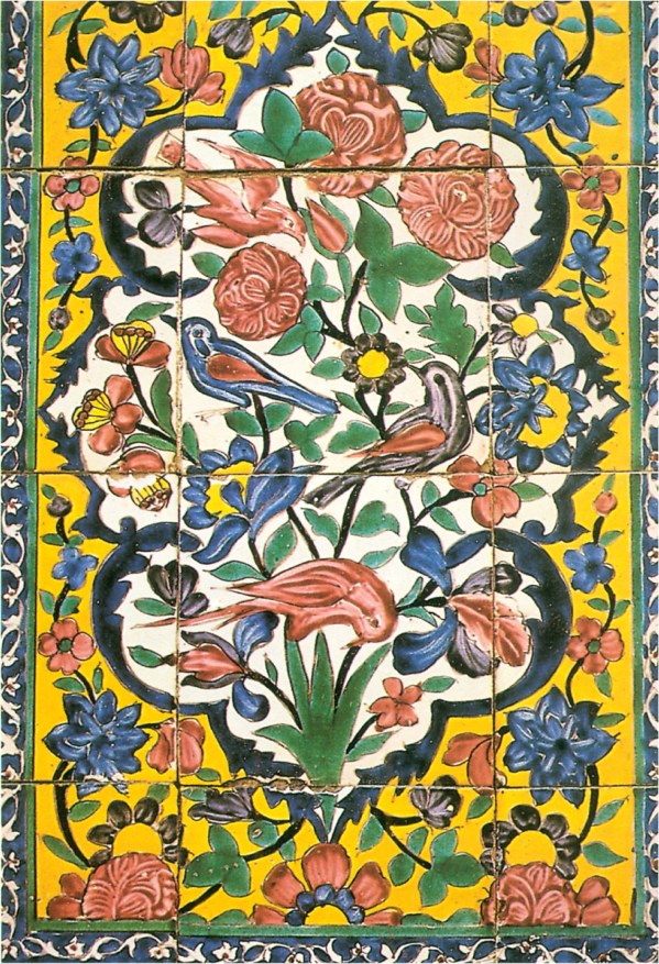 Painted tile panel with a polychrome floral and bird design, yellow background, on a Qajar-era tile composition