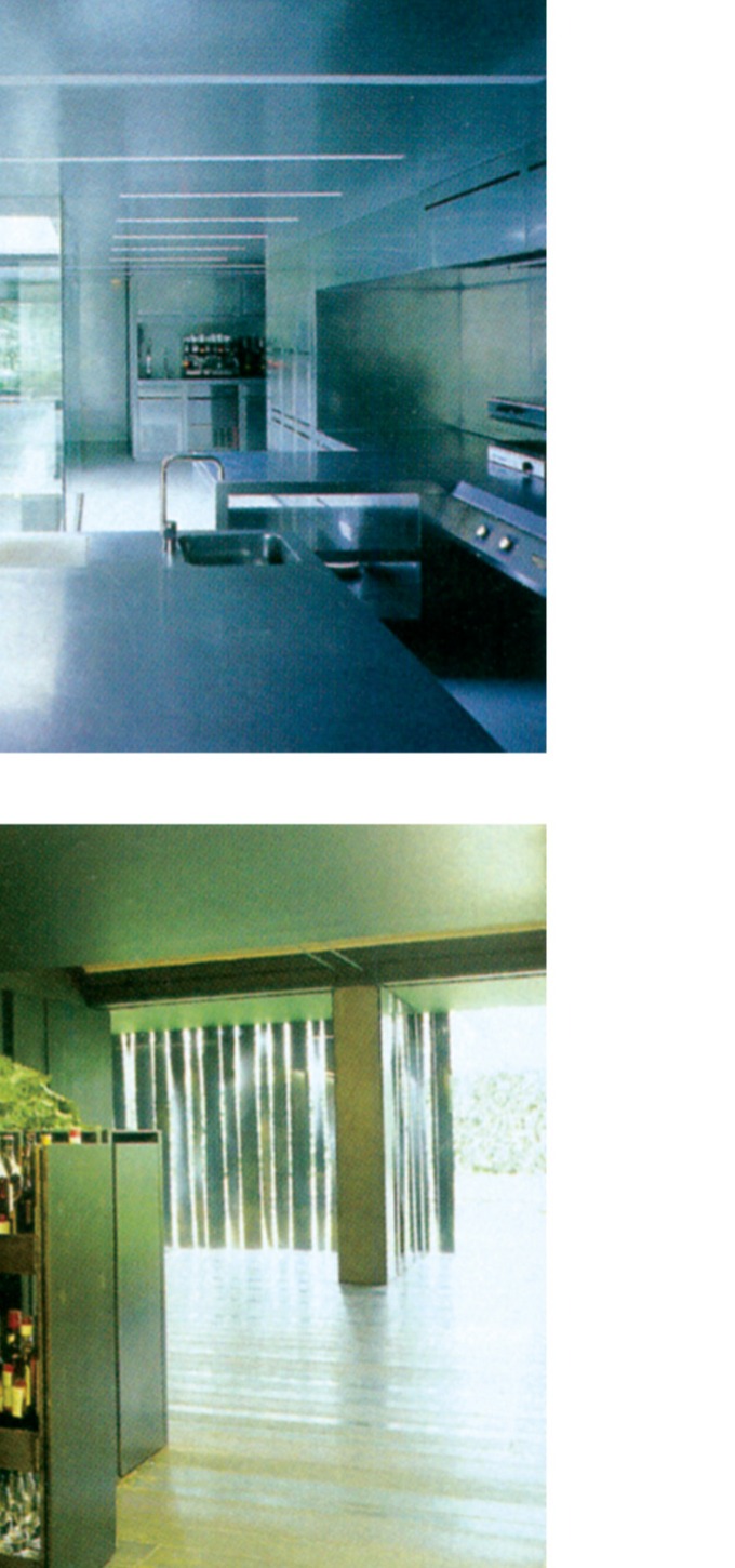 Composite of two views — the all-stainless-steel kitchen with its cool bluish cast and straight-edged precision (top), and the dining areas with warm dark oxidized metal and gold-enameled, curvy forms (bottom)