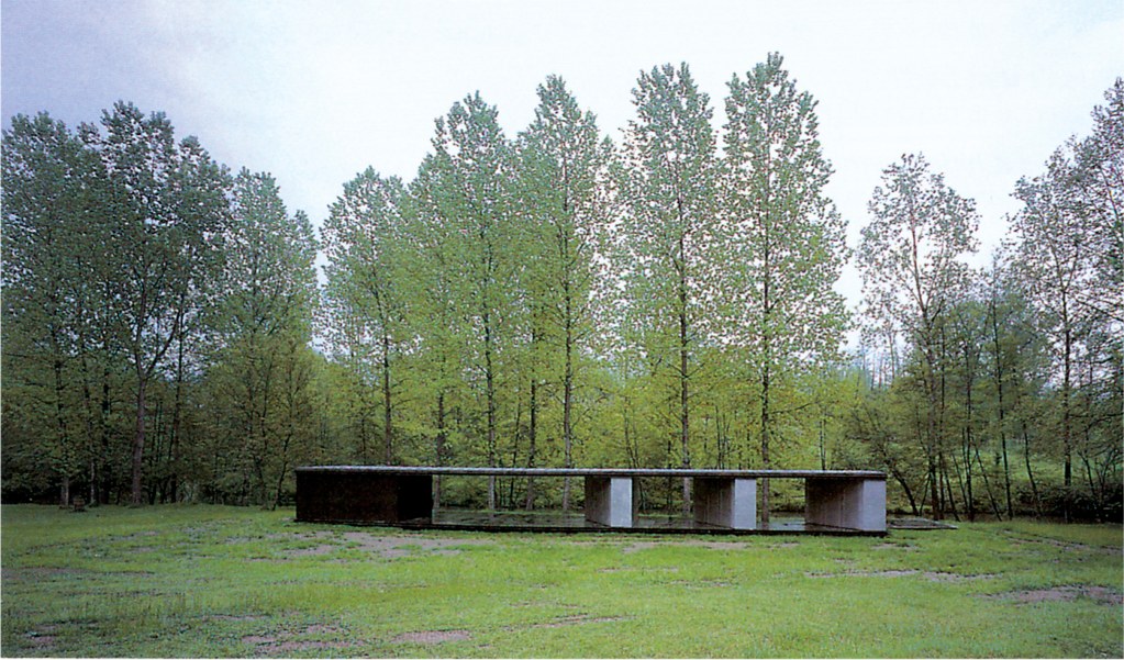 Tussols-Basil Bathing Pavilion by RCR, a low steel-and-concrete structure set among poplar trees