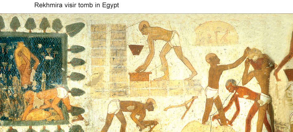 Wall painting of workers shaping and laying adobe brick, tomb of Rekhmire, Egypt, c. 1450 BC