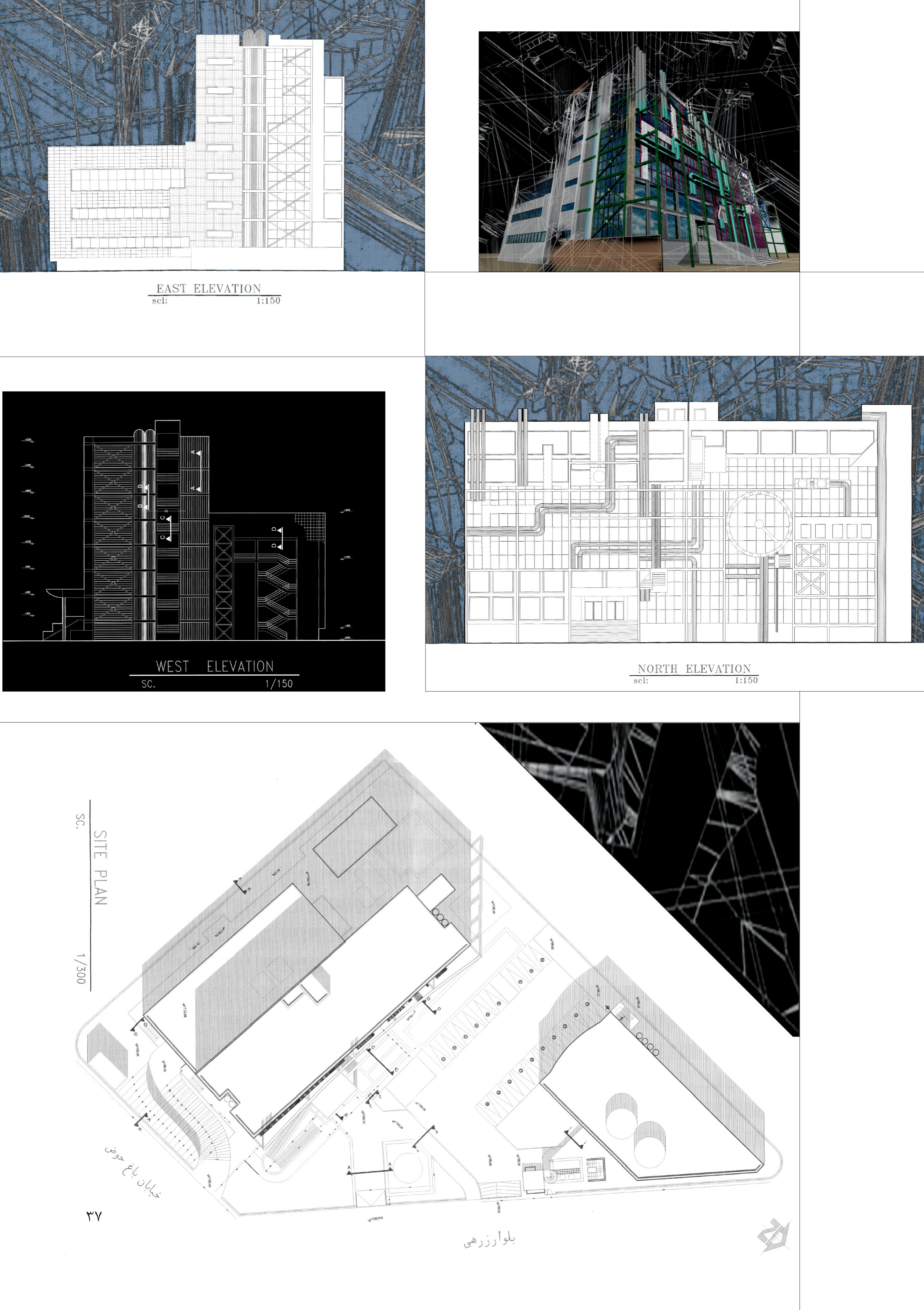 Composite of East, West and North elevations of the Gas Company Building with the site plan, against a collaged background of structural lines