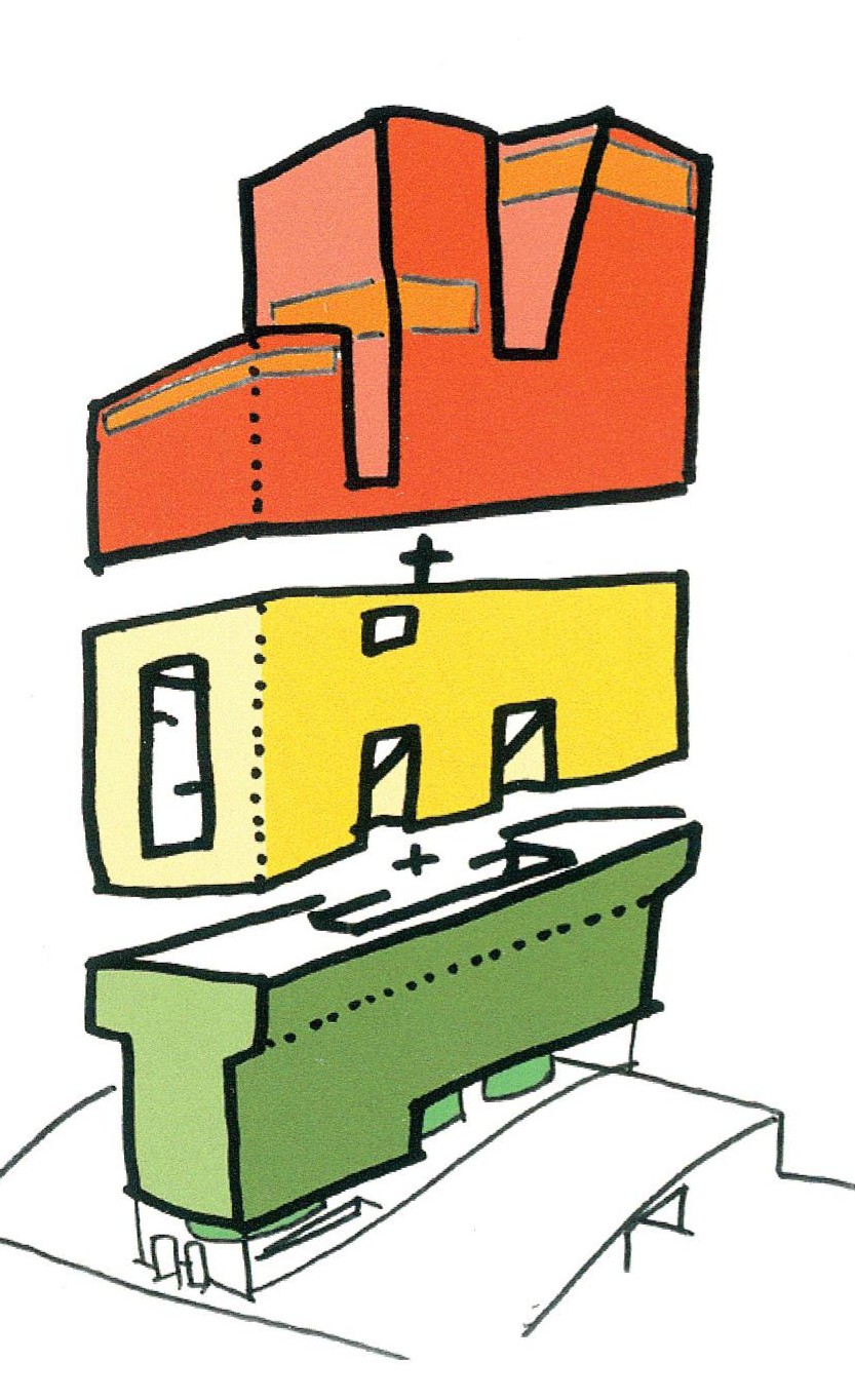 Conceptual sketch of a stacked, coloured architectural massing accompanying the essay.