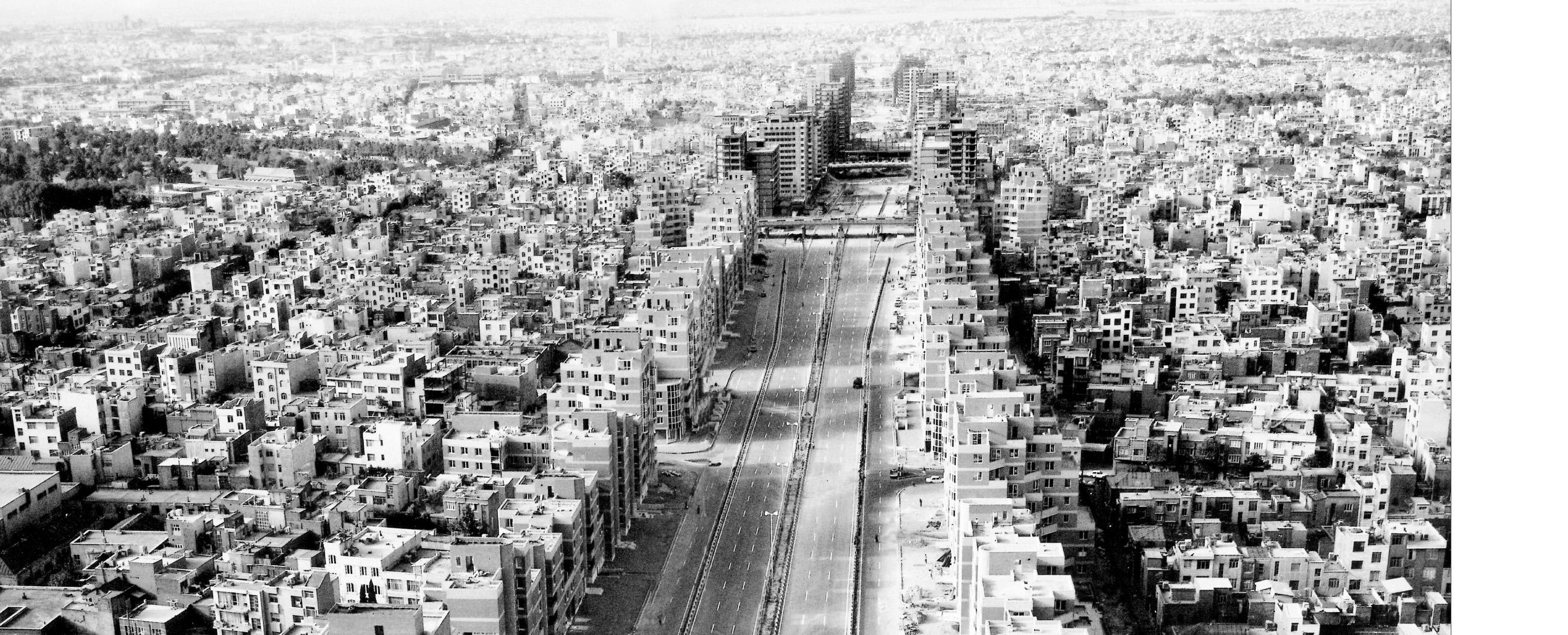 Aerial view of the completed Navvab expressway with its flanking residential buildings.