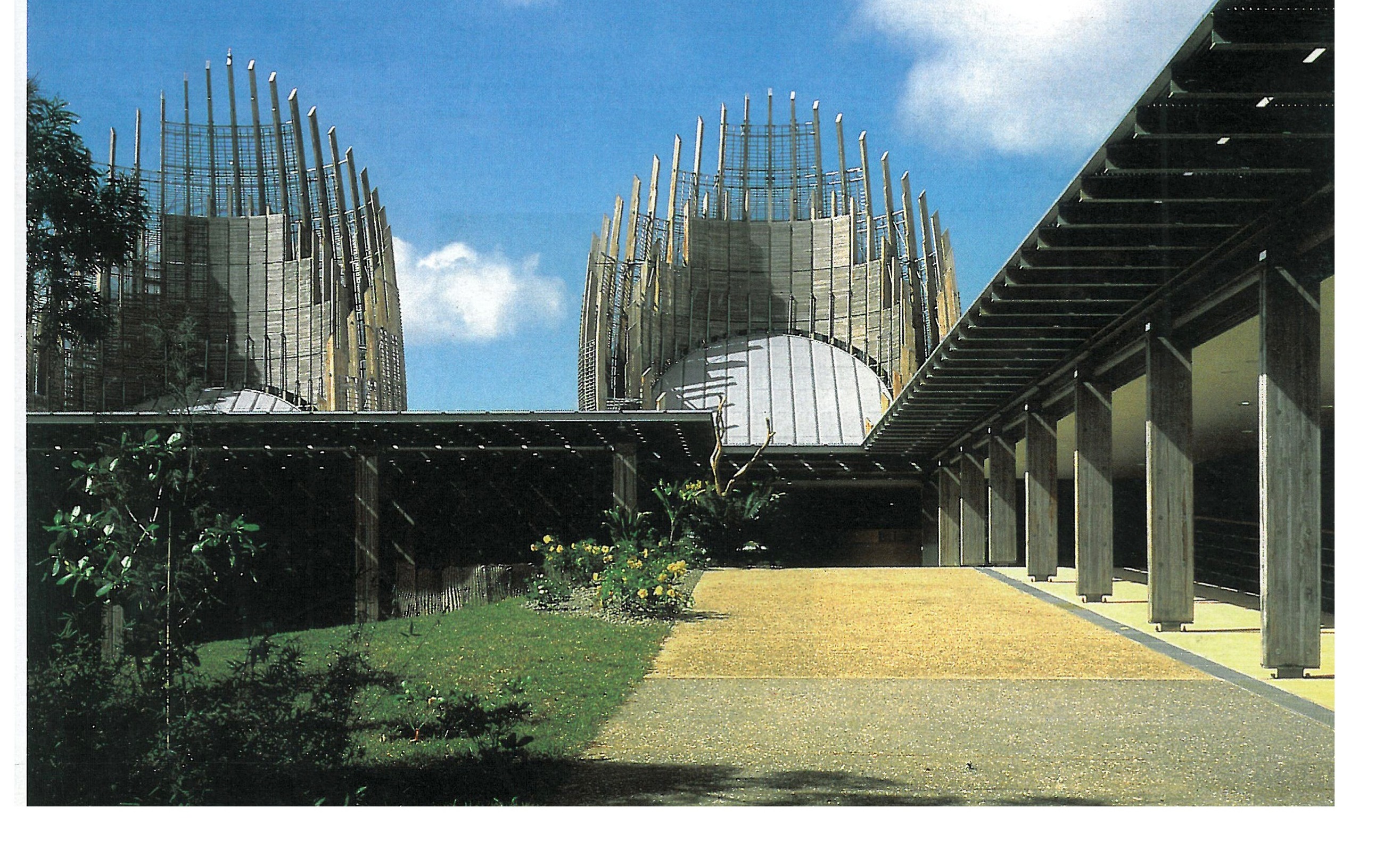 Courtyard view — the line of wooden shells along the spine of the peninsula