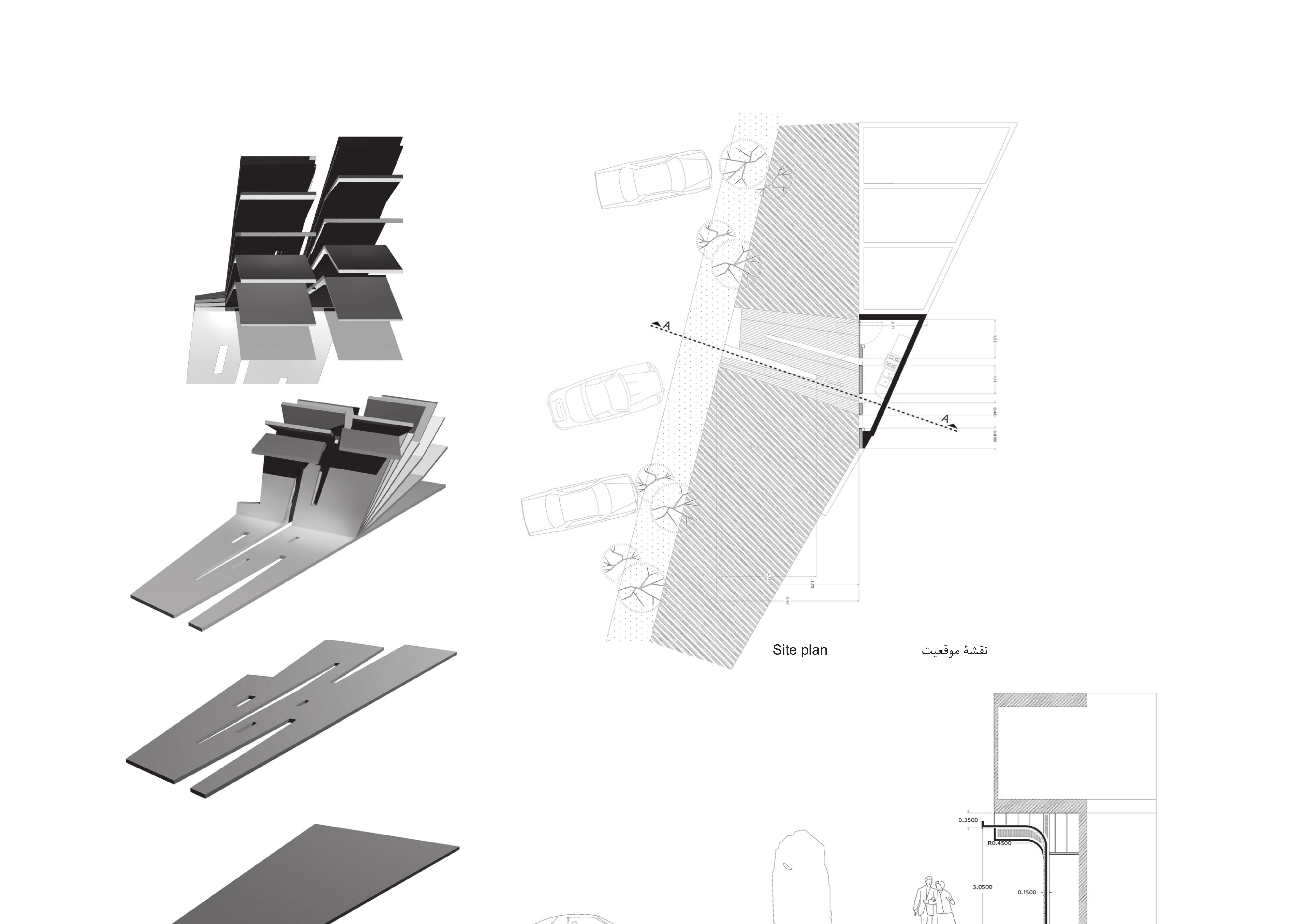 Project diagrams: exploded axonometric showing how the single flat panel folds into floor + seat + façade; site plan locating the shop on Borj Square; section through the shop and pavement.