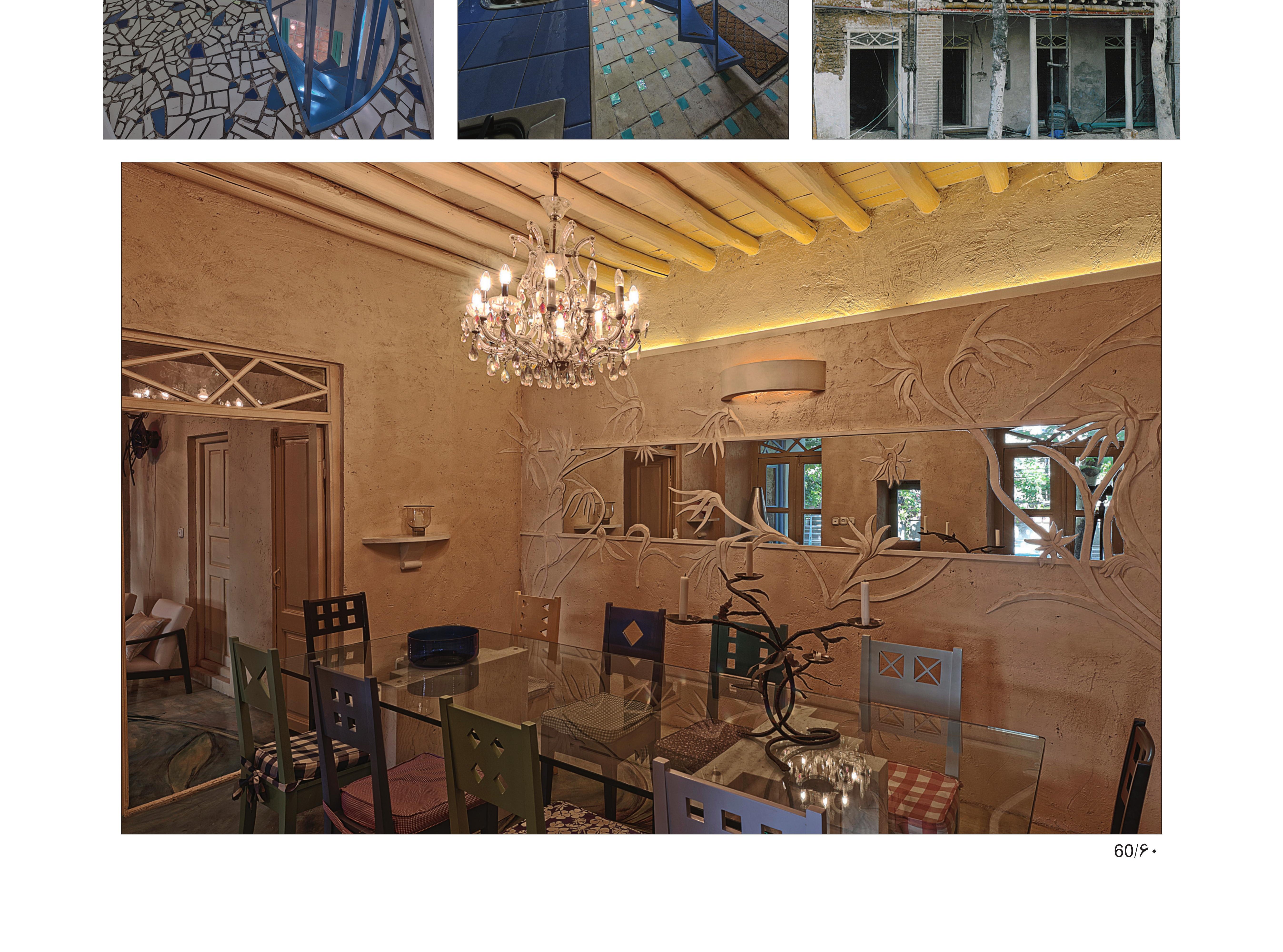 Reception room inside the renovated west building — walls with naturalistic plaster reliefs of leaves and birds, a low chandelier hanging from a beamed kahgel ceiling, and a long dining table with chairs.