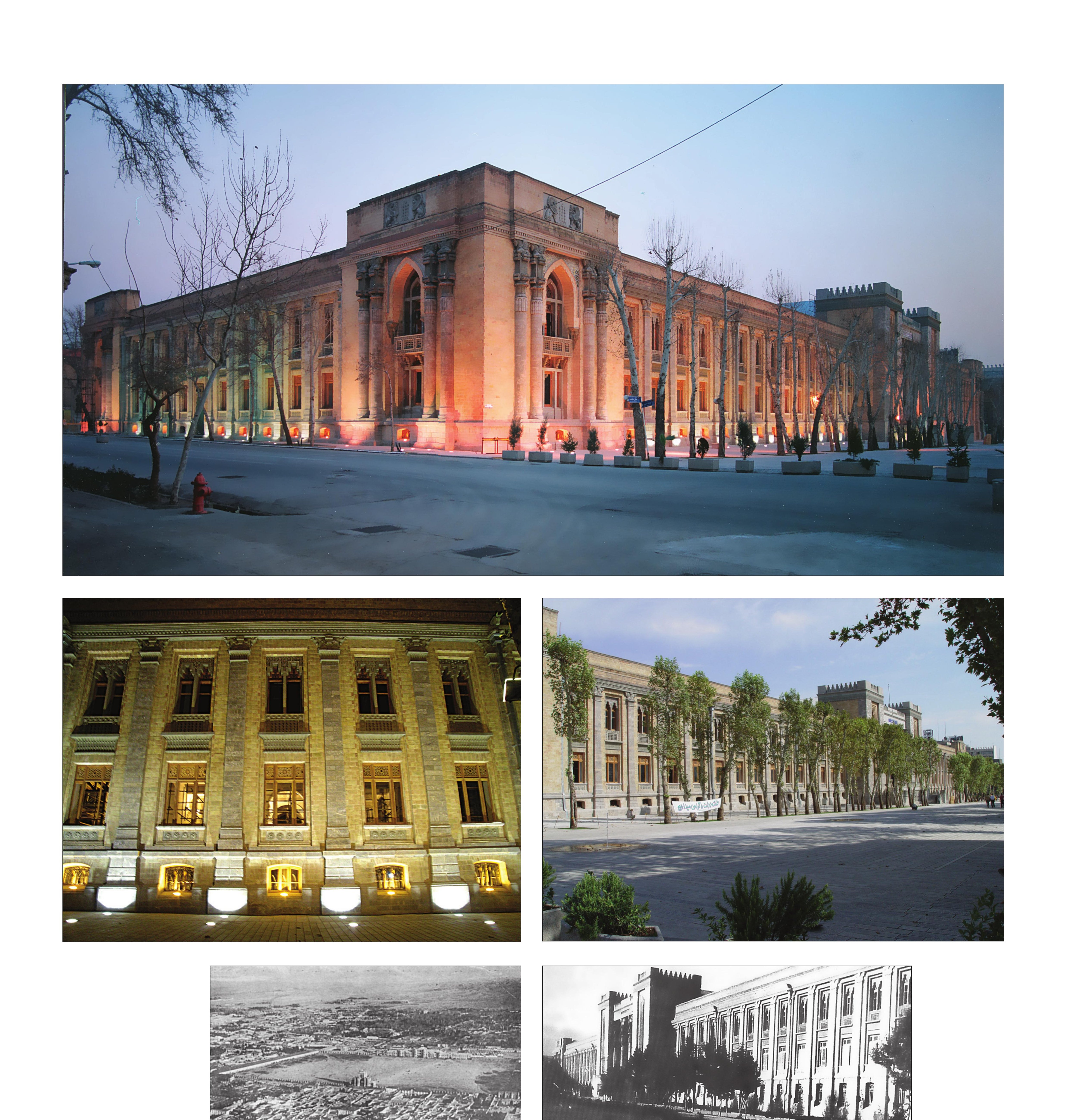 Composite of Shahrbani (police HQ) palace photographs: monumental brick facade at dusk, daytime side view, archival aerial image of Mashq Square