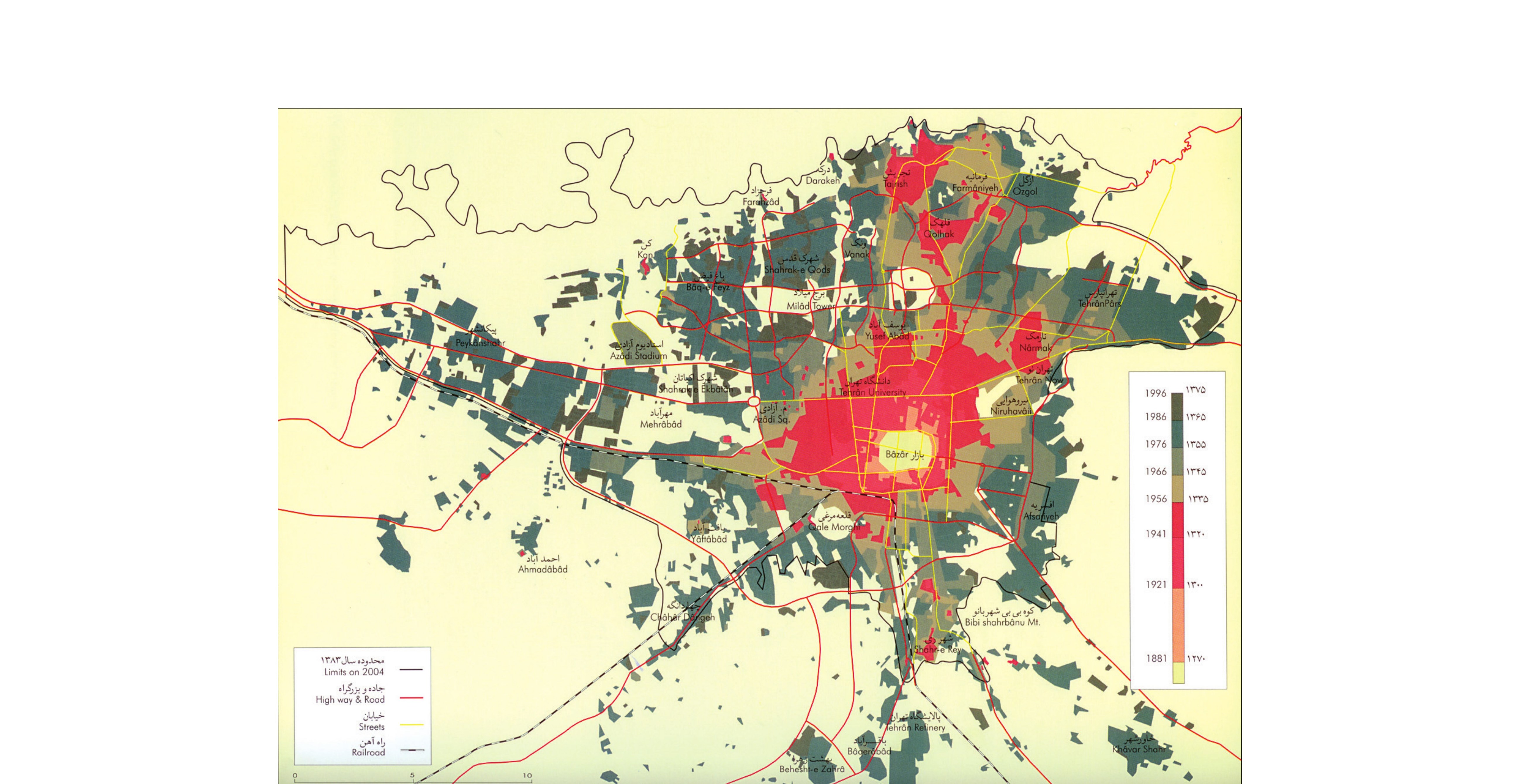 Tehran’s physical growth from the Qajar period until today, shown as expanding red footprints on a regional map.