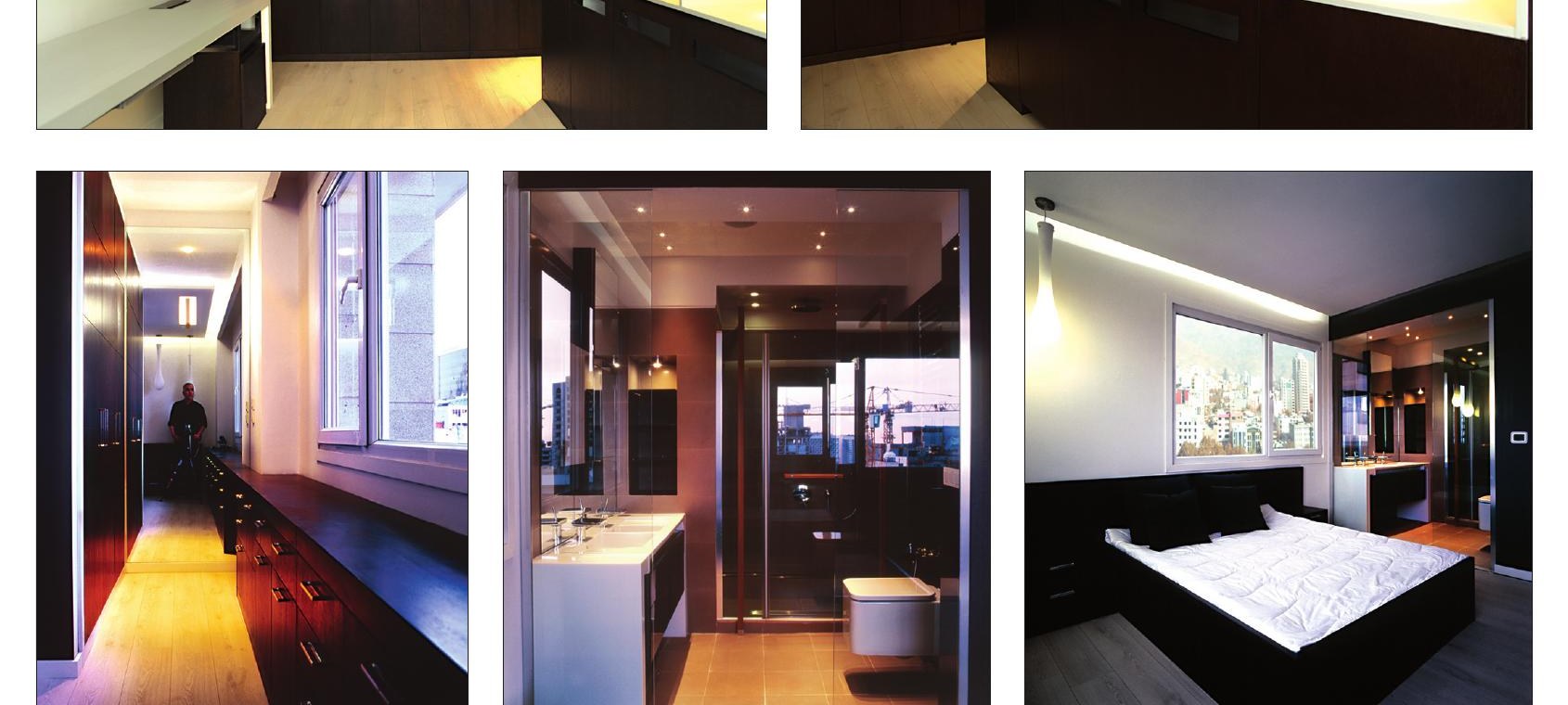 Long corridor, the master vanity and bedroom with a dramatic white headboard
