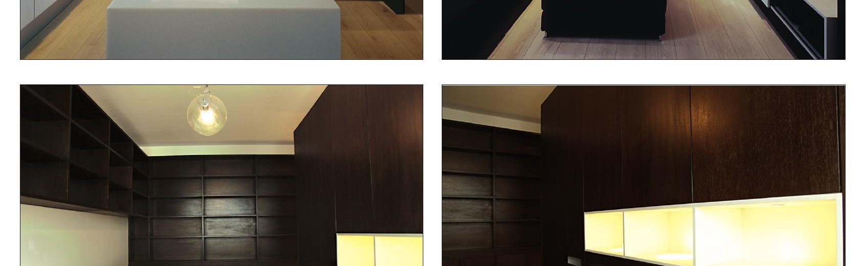 Two views of the dark walnut walls with concealed strip lighting