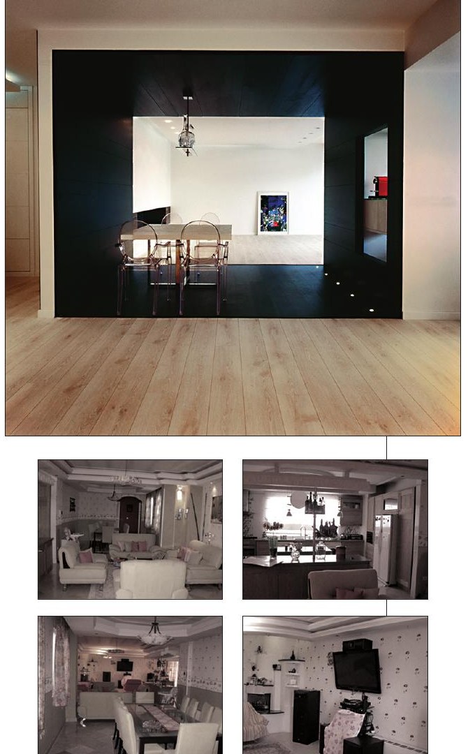 Four small interior thumbnails of the renovated apartment