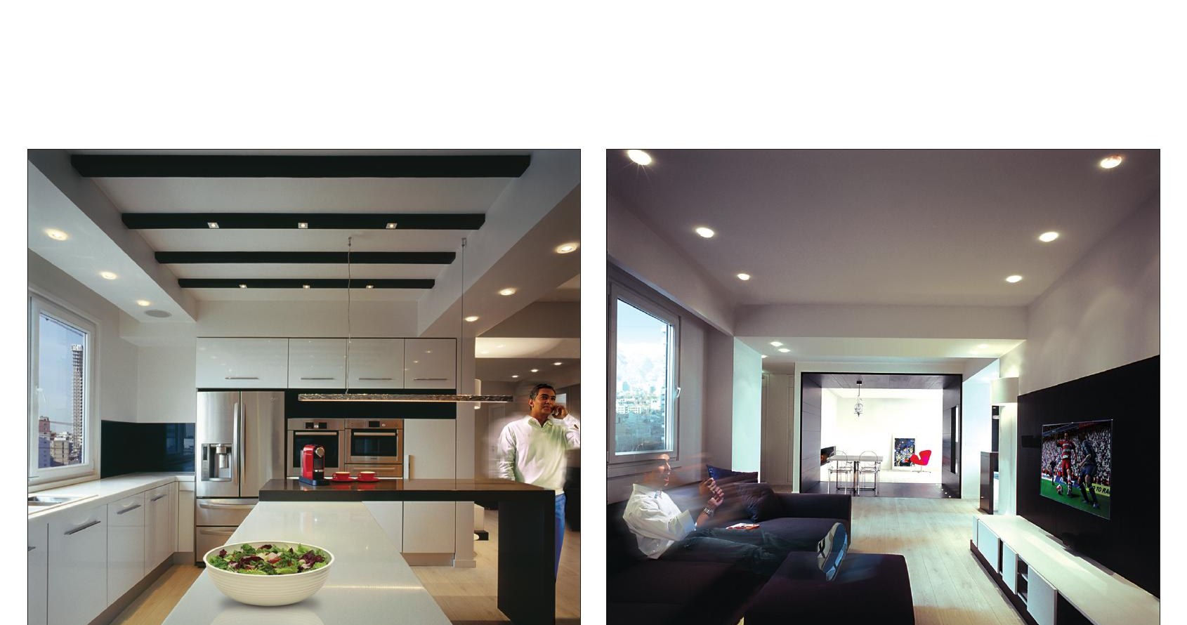 Open kitchen with island and a TV-wall in the living room