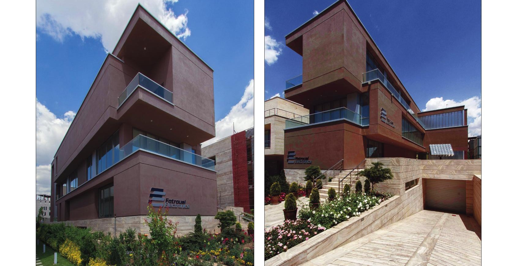 Two views of the brown-stucco exterior — entry ramp in green setting and side elevation with concrete piers