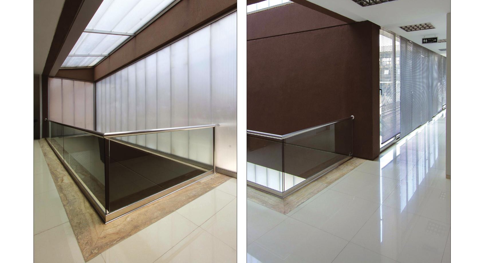 Two interior gallery views around the skylit central void