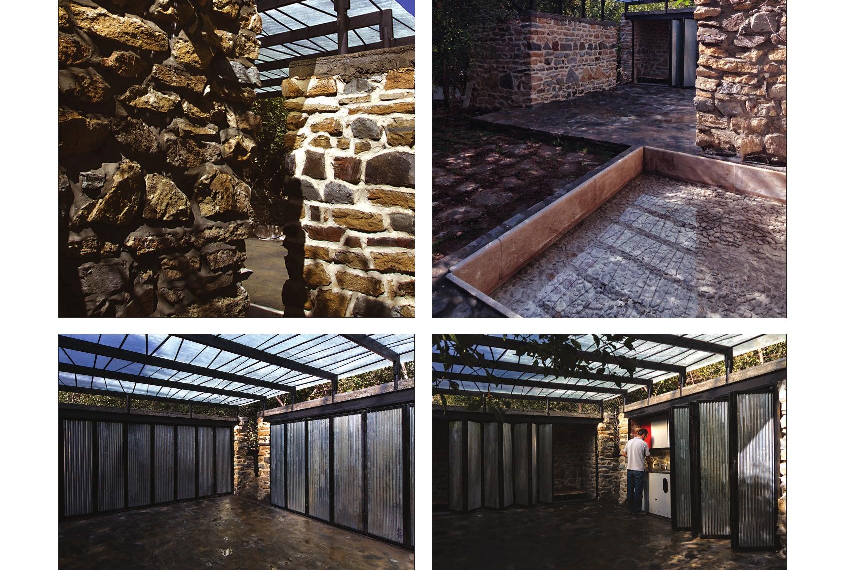 Interior with deep dark walls and the canopy-covered courtyard between stone volumes