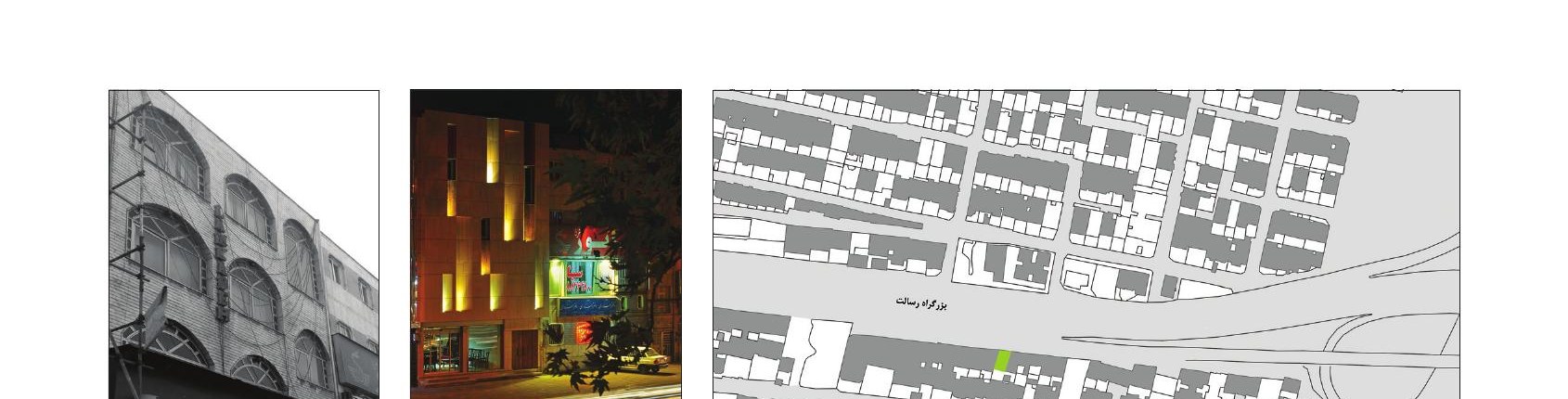 Pre-renovation travertine facade, completed night facade and site plan