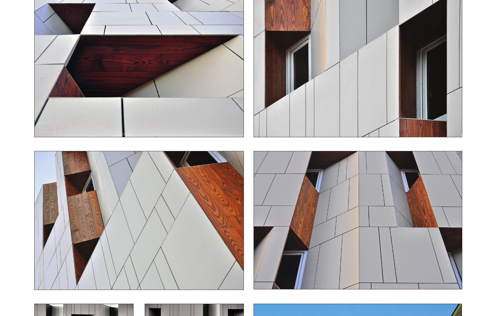 Four close-up details of the white porcelain and thermo-wood facade modules