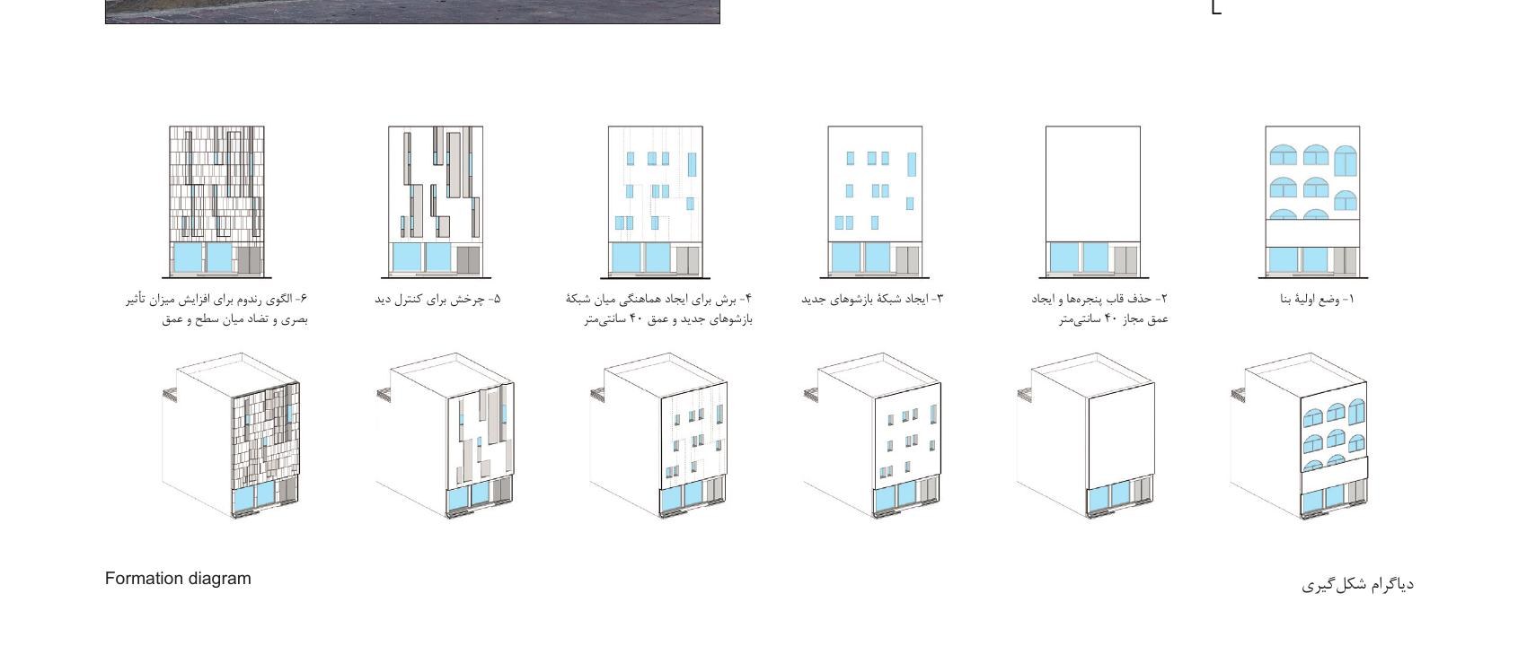 Six axonometric formation diagrams showing how the new facade was generated from the existing grid