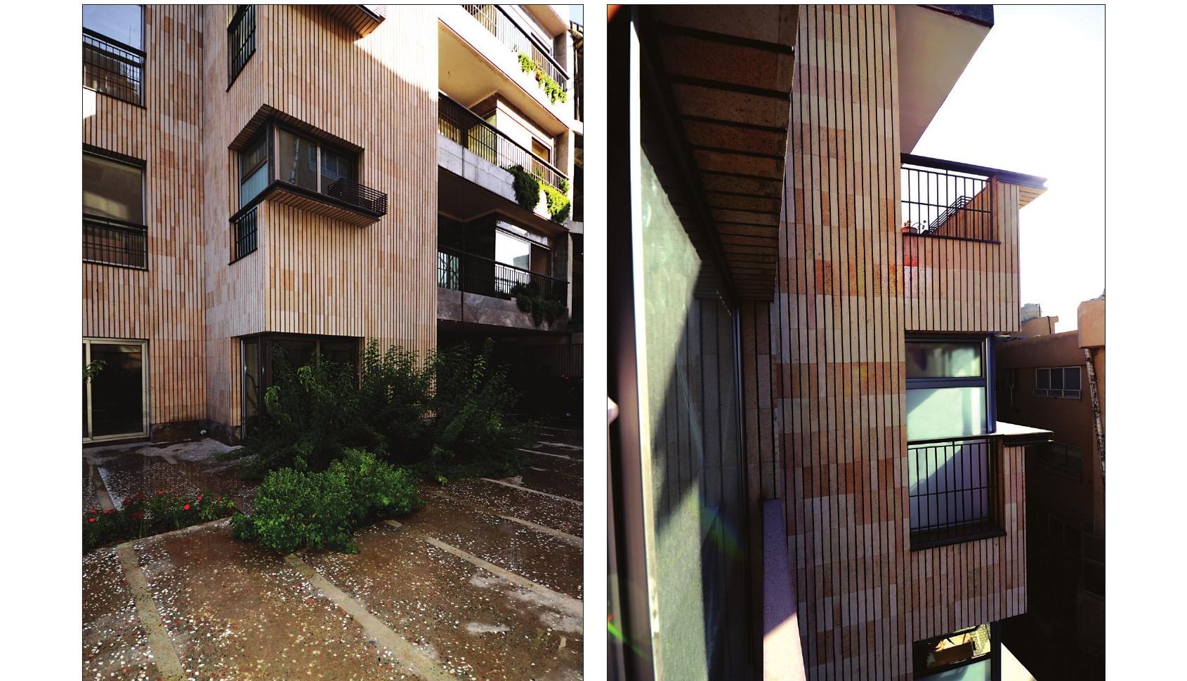 Courtyard with garden bed and a close-up of the corner detail of the facade