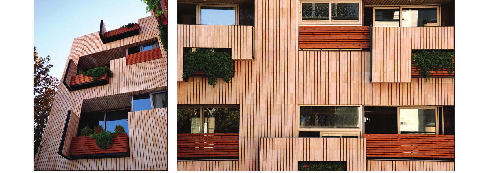 Two views of the wood facade with deep planter projections