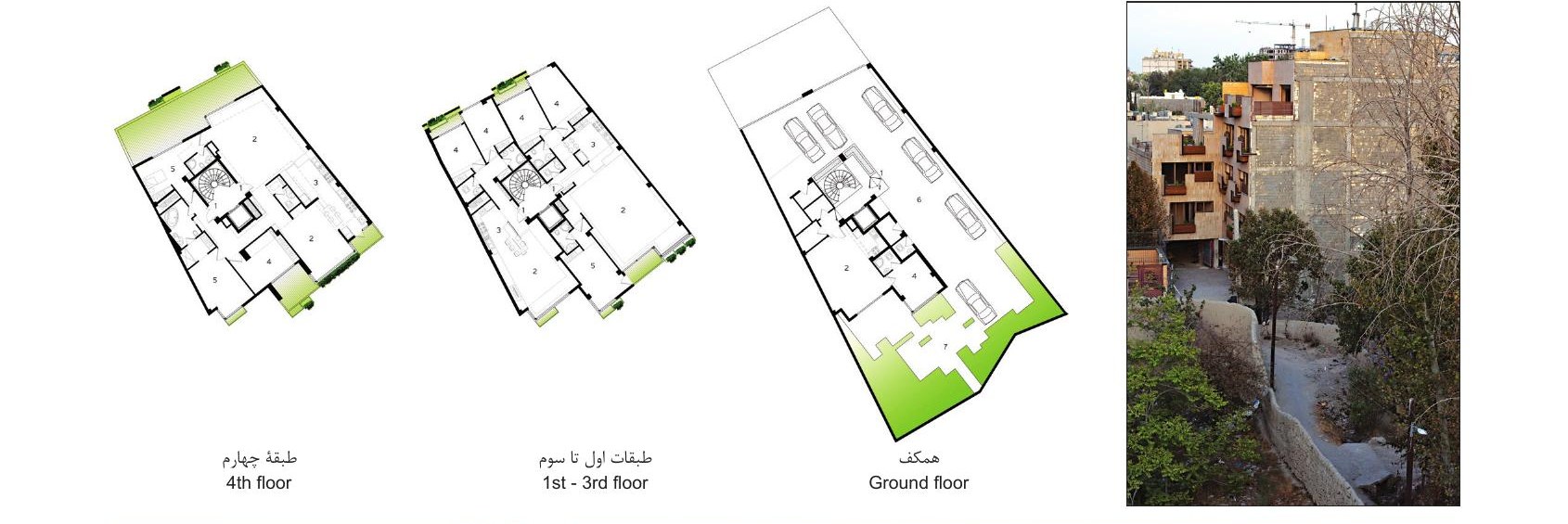 Floor plans for ground, 1st to 3rd, and 4th levels, with street-context photo