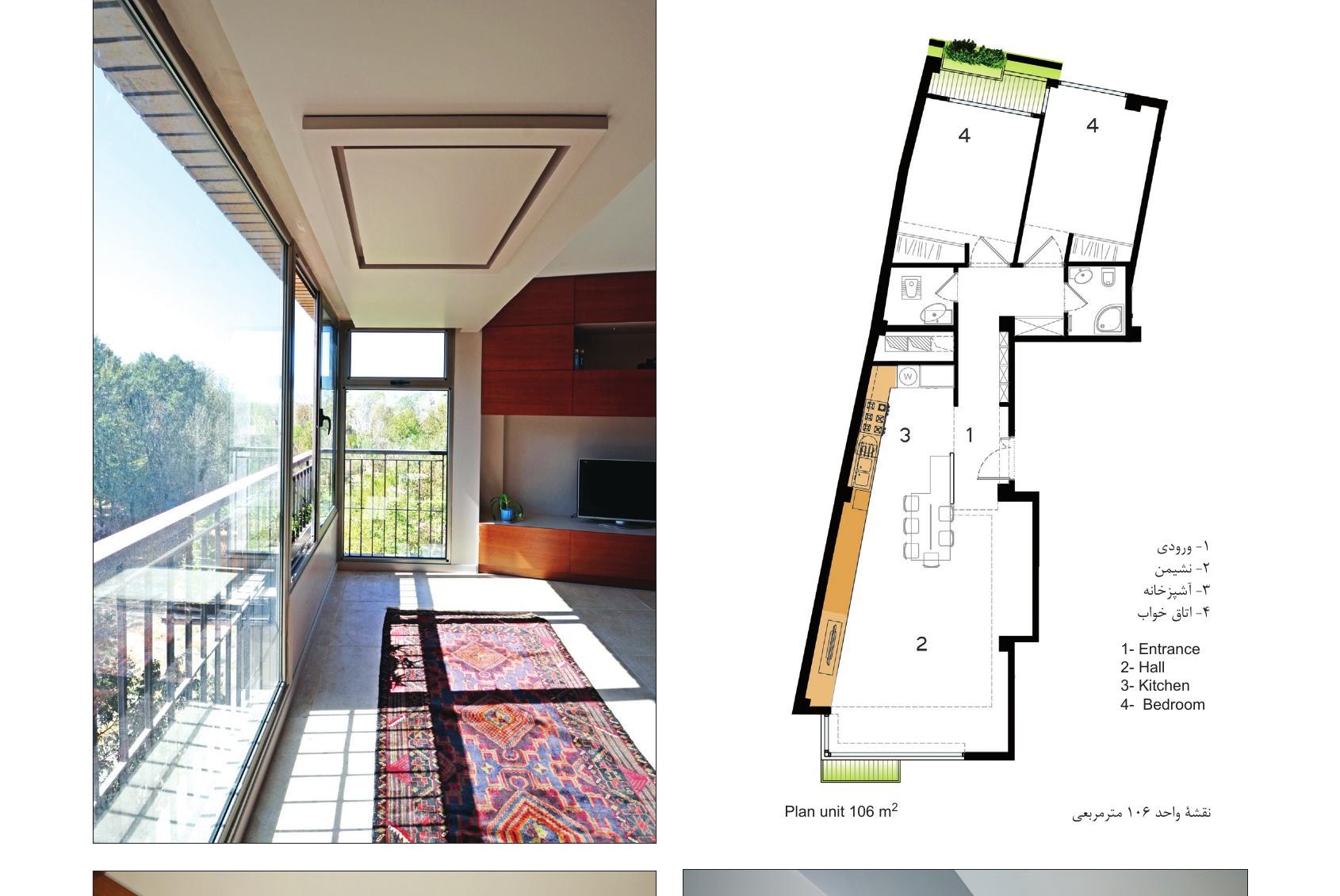 Living room with full-height window opening to riverside view and 106 m² unit plan