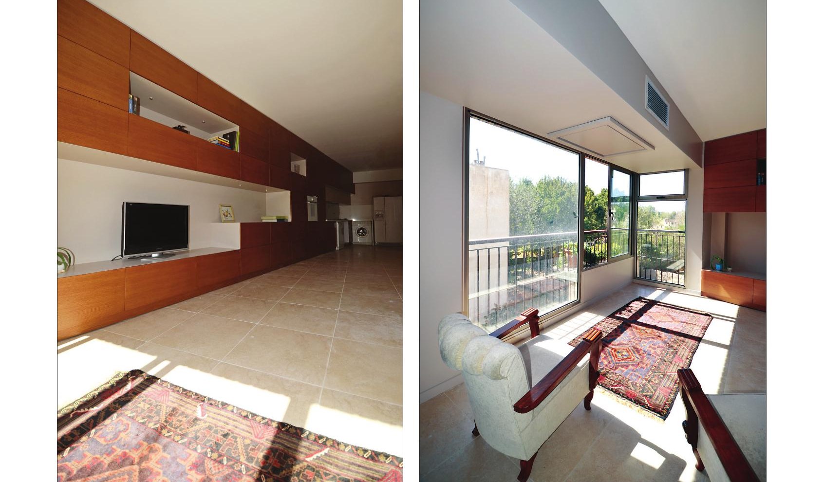 Interior with built-in wood shelving wall and a seating area with view to garden