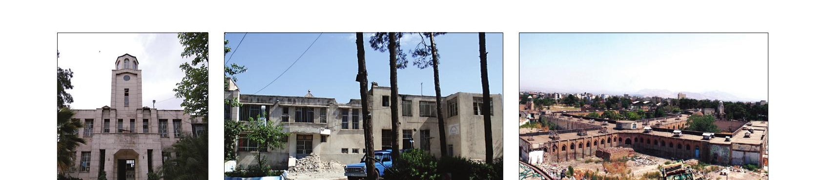 Three before-shots of the abandoned prison ward and surrounding walls