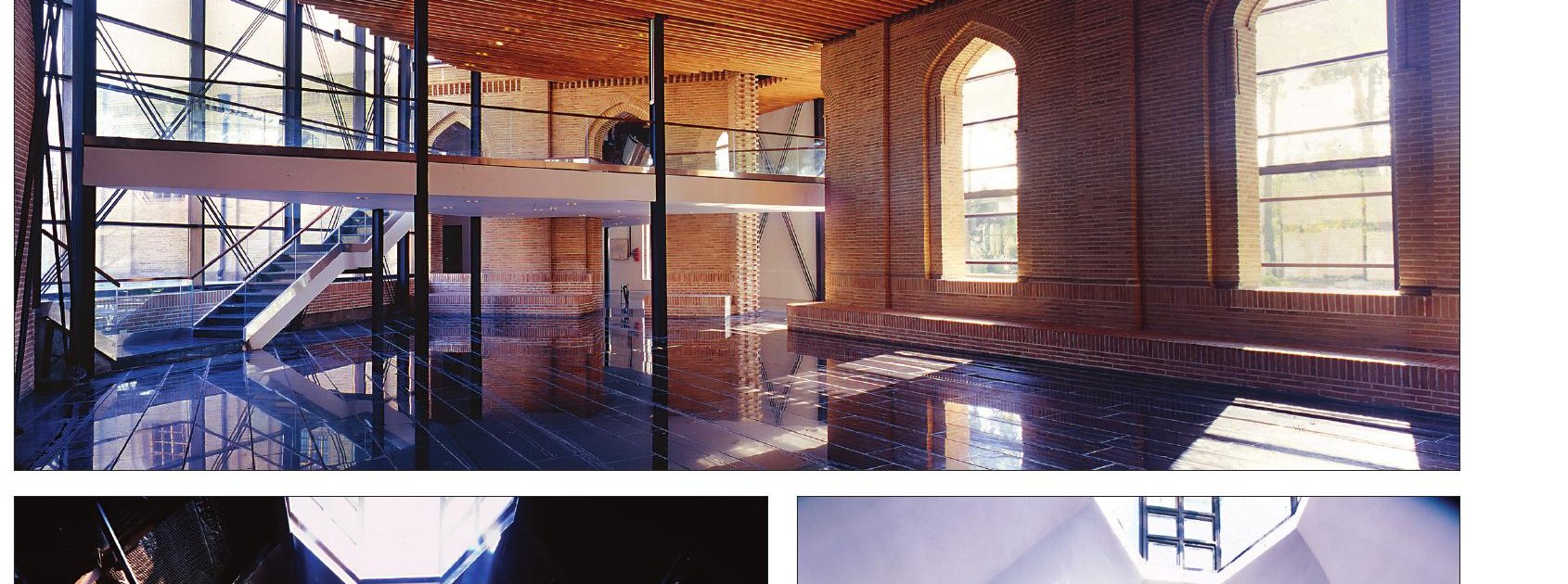Restored brick hall with pointed-arch windows and timber ceiling