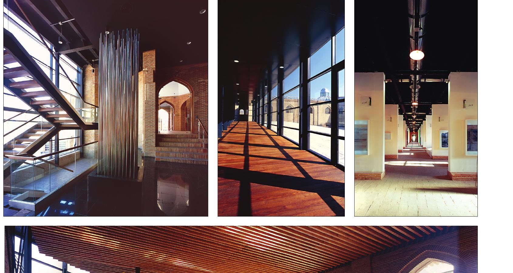 Triptych of modern museum interiors with sculptural column and timber-finish corridors
