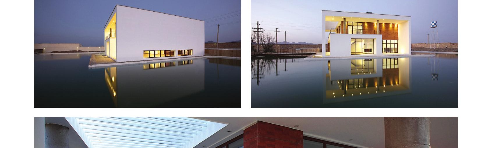 Two views of the white-cube villa across the reflecting pool