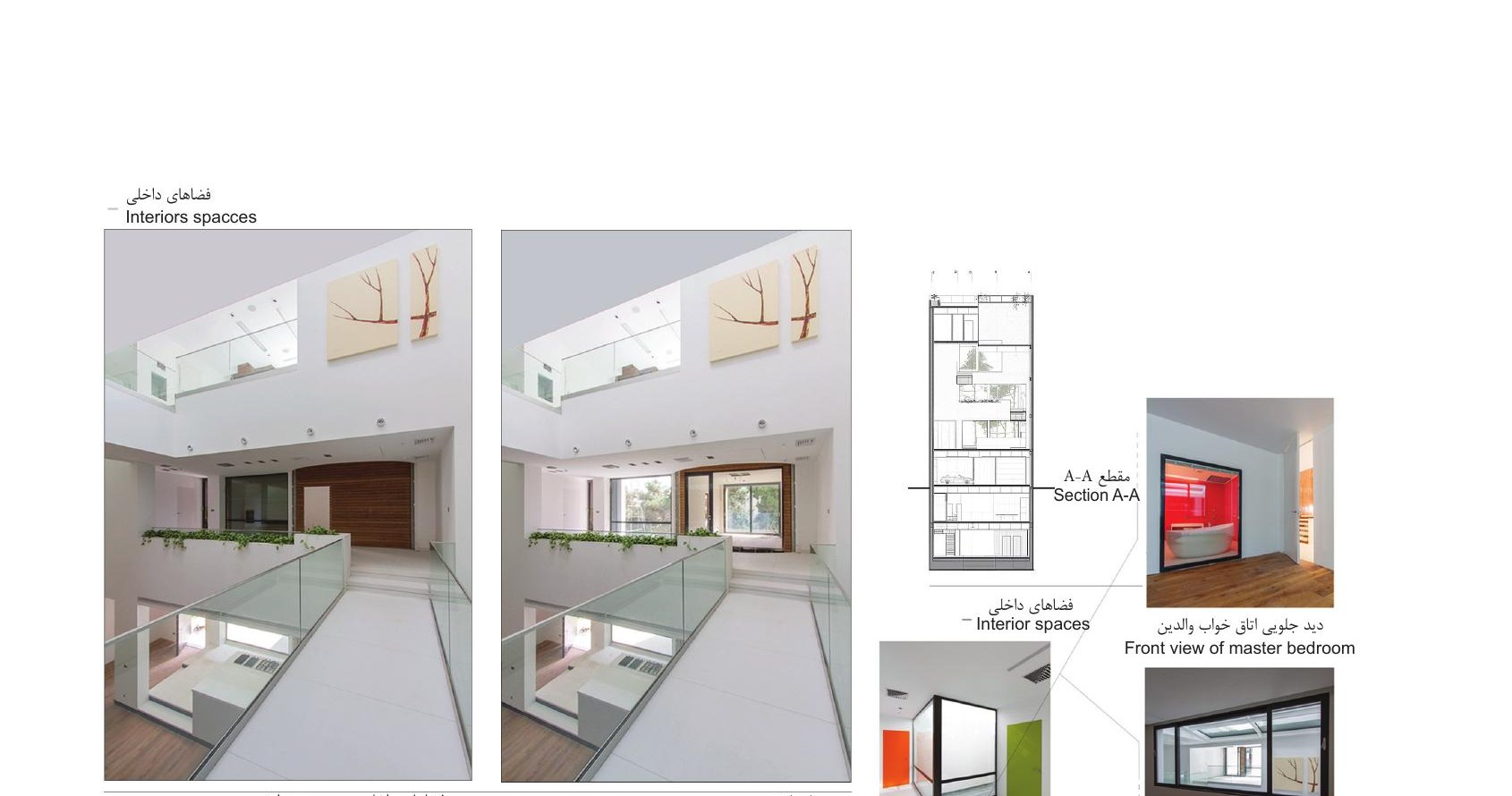 Interior views of the second floor in closed and opened box configurations, plus section and front-view of master bedroom