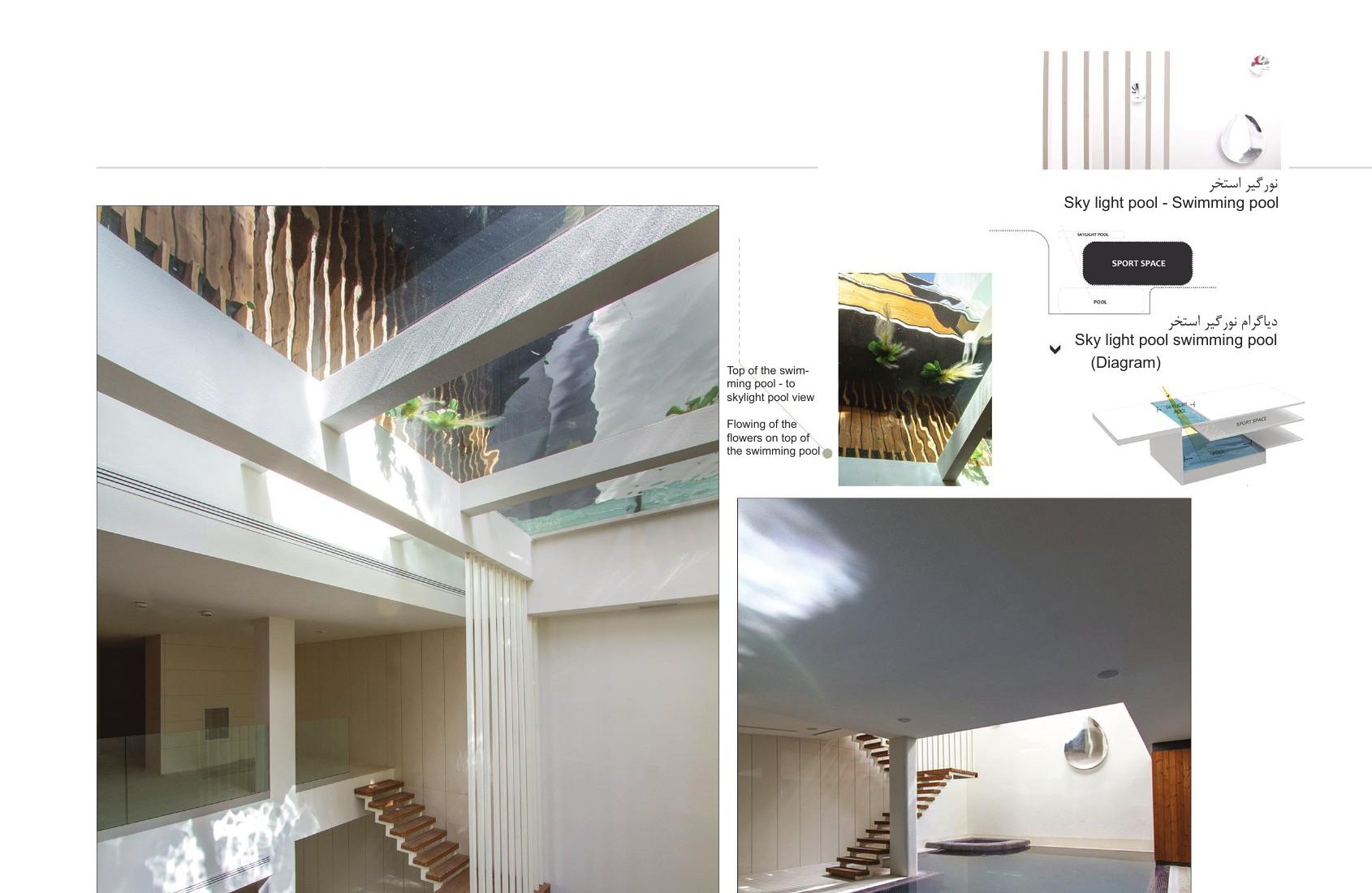 Skylit pool well with the stair winding around the void