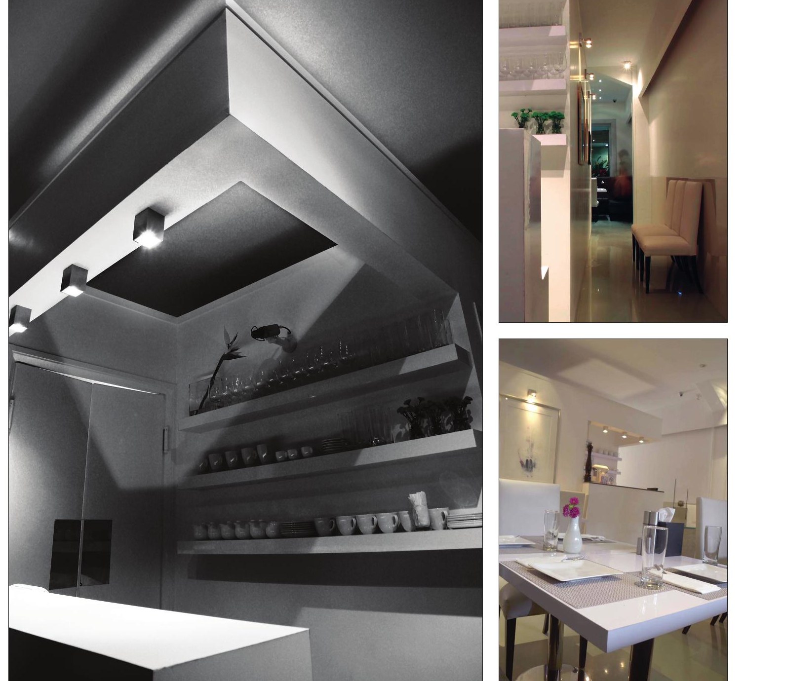 Cube ceiling detail, white corridor and a set dining table