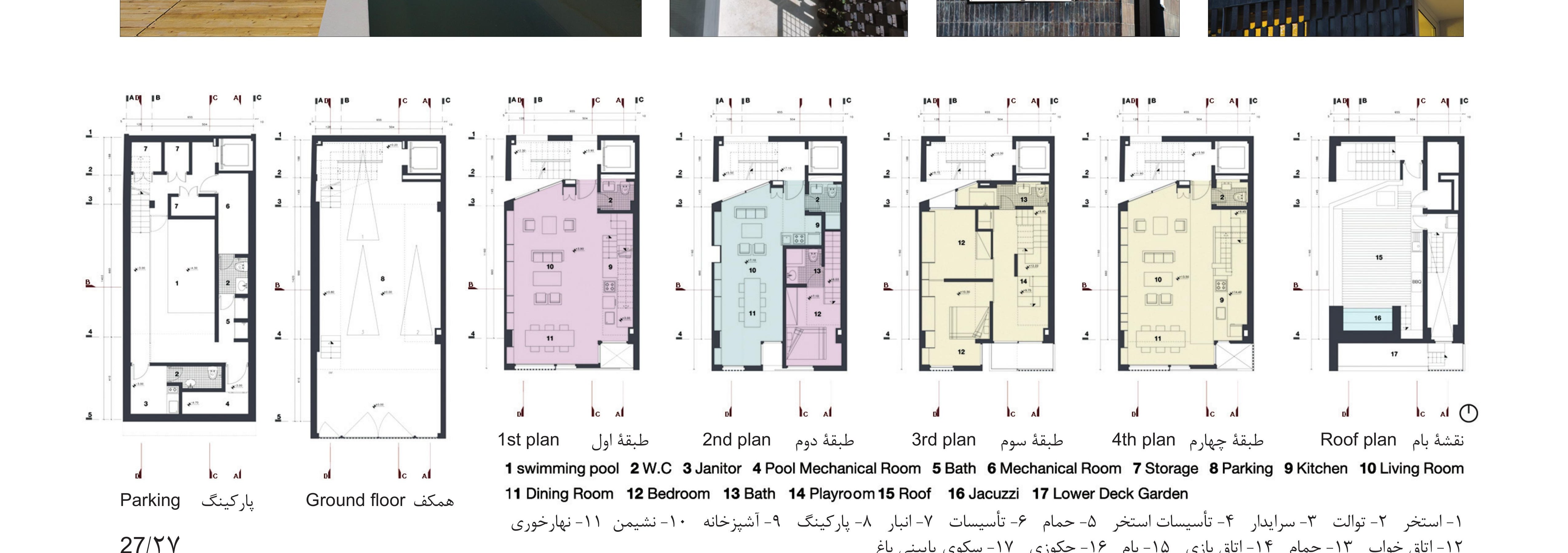 Floor plans — parking, ground, units 1–3, roof