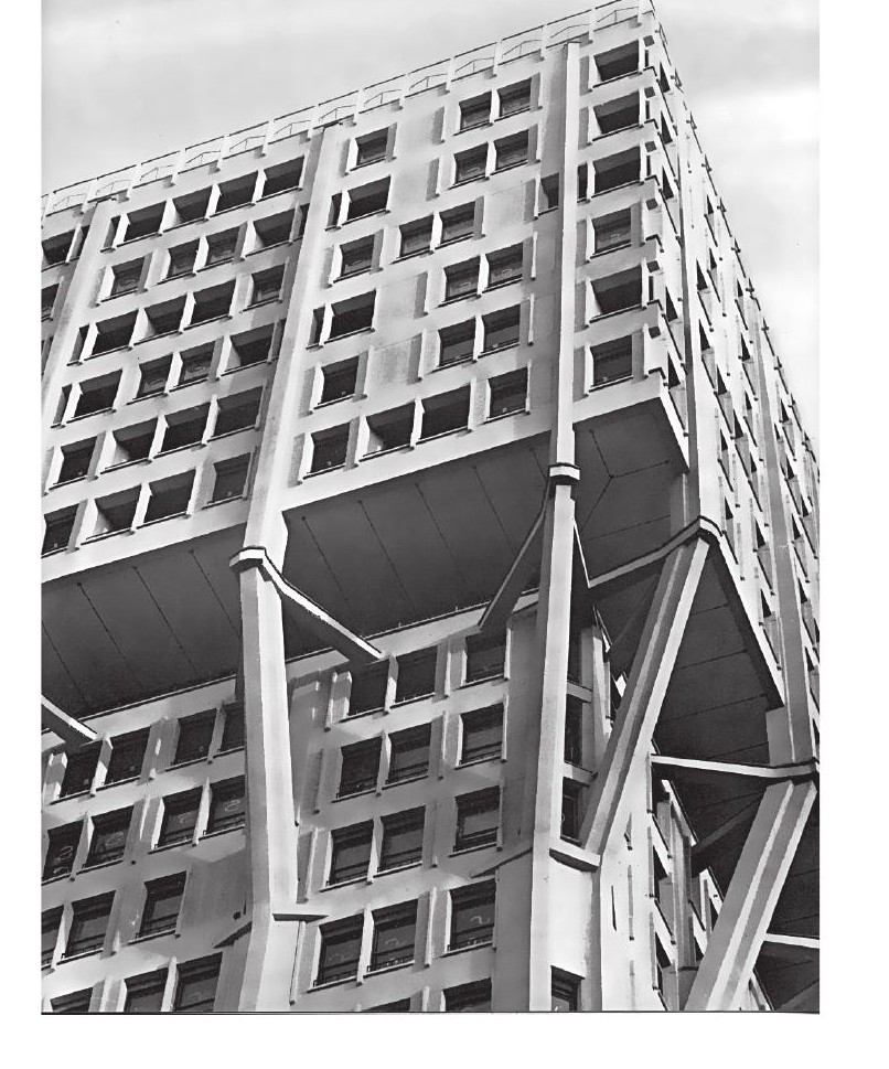 The cantilevered upper floors