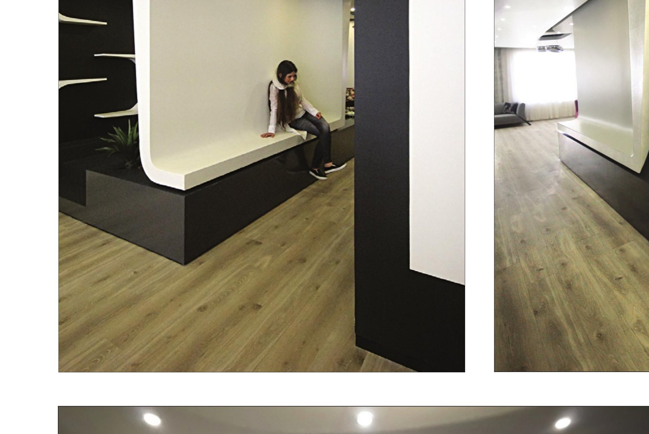 The 13th Sense — living room with the floating TV-wall shelf along the sculpted partition.