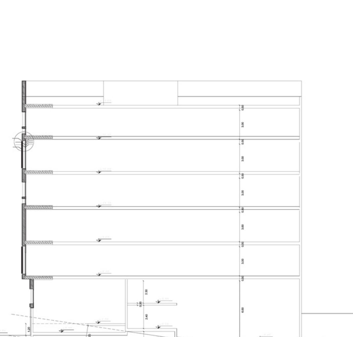 Building section — basement parking, ground commercial and entrance hall, five upper commercial/office floors.