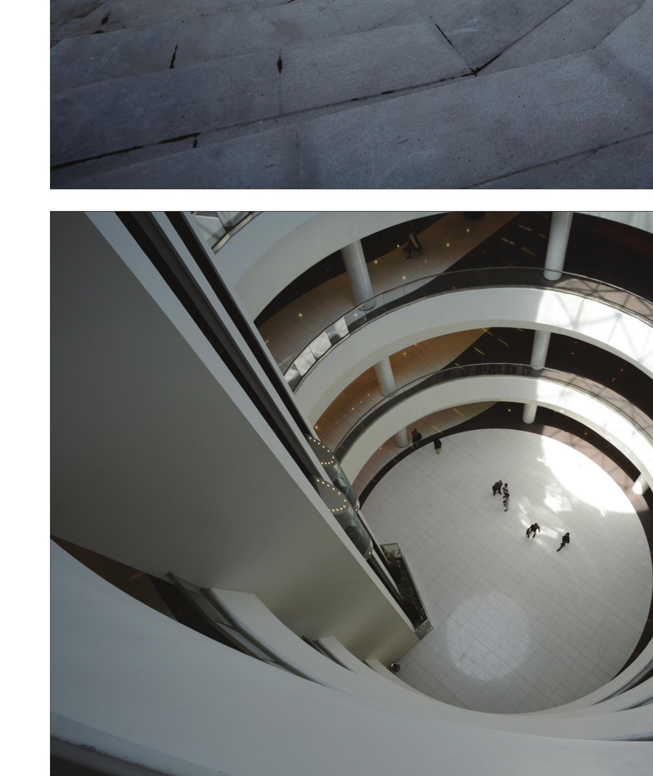 Spiraling central atrium void.