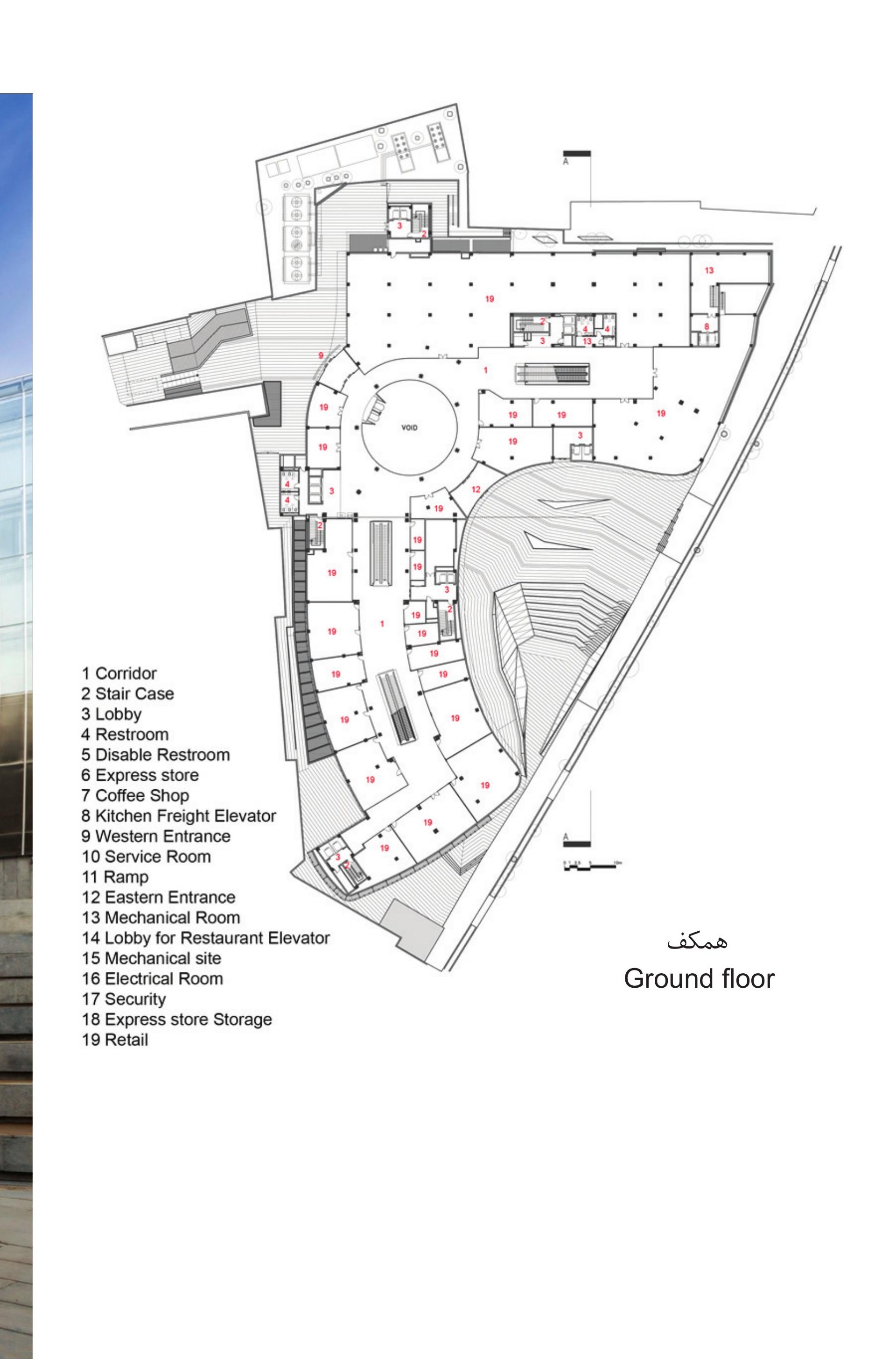 Ground floor plan: 1- Entry, 2- Hall Zone, 3- Lobby, 4- Cinema, 5- Restaurant zone, 7- Coffee Shop, 8- VIP Restaurant, etc.