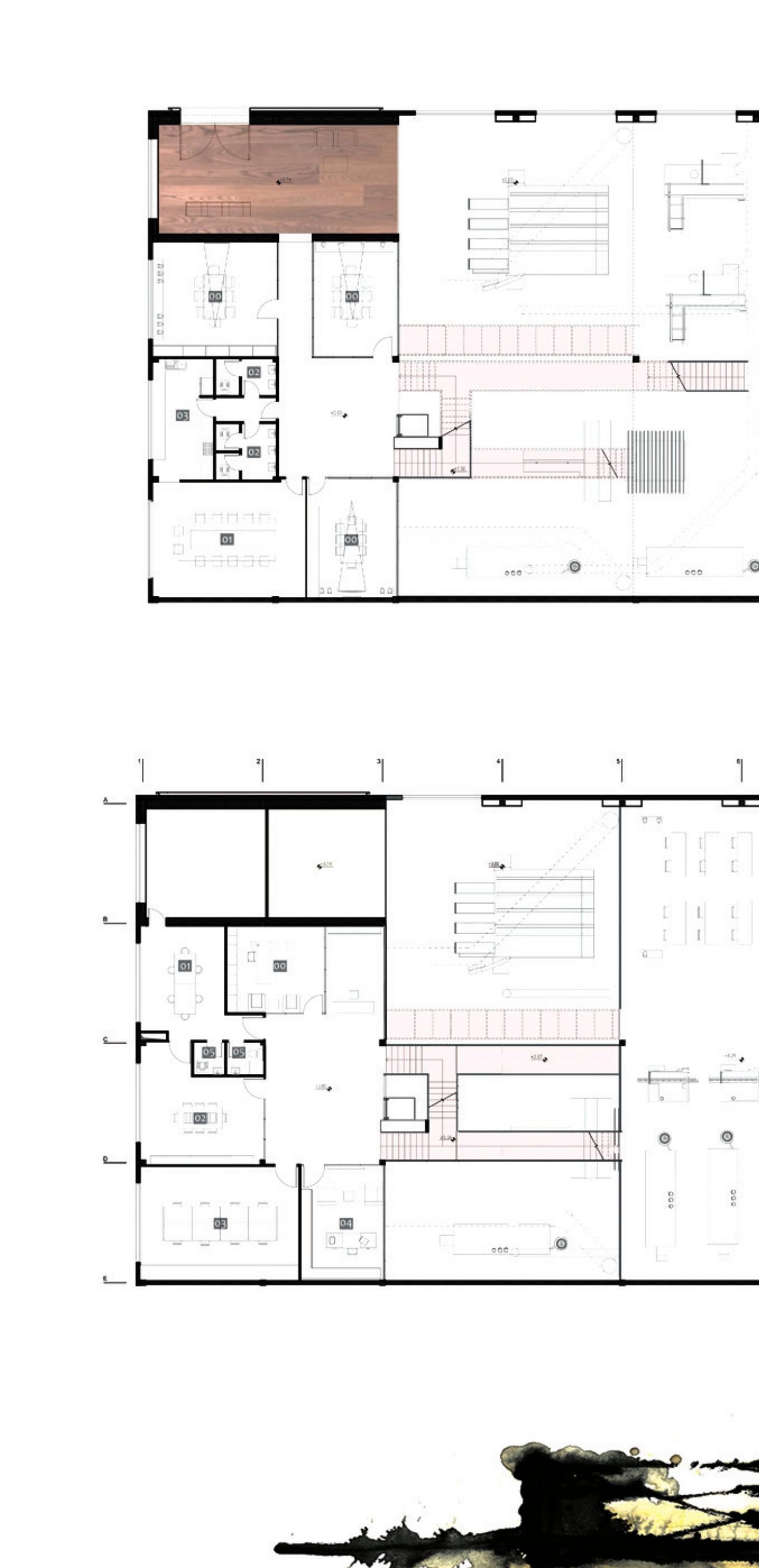 Ground and first floor plans — entry, office, and showroom zones placed adjacent to one another.