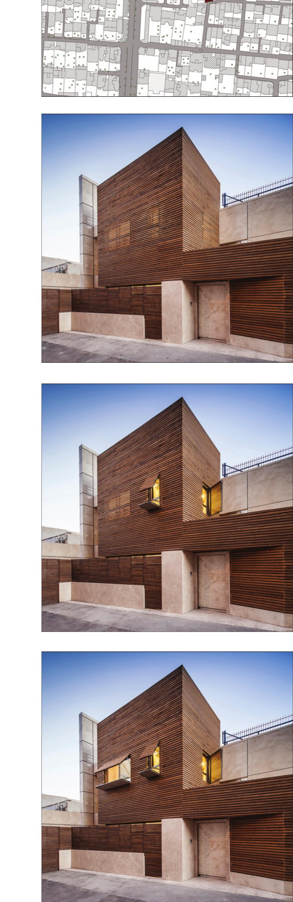 Three frames of the timber skin across the day.