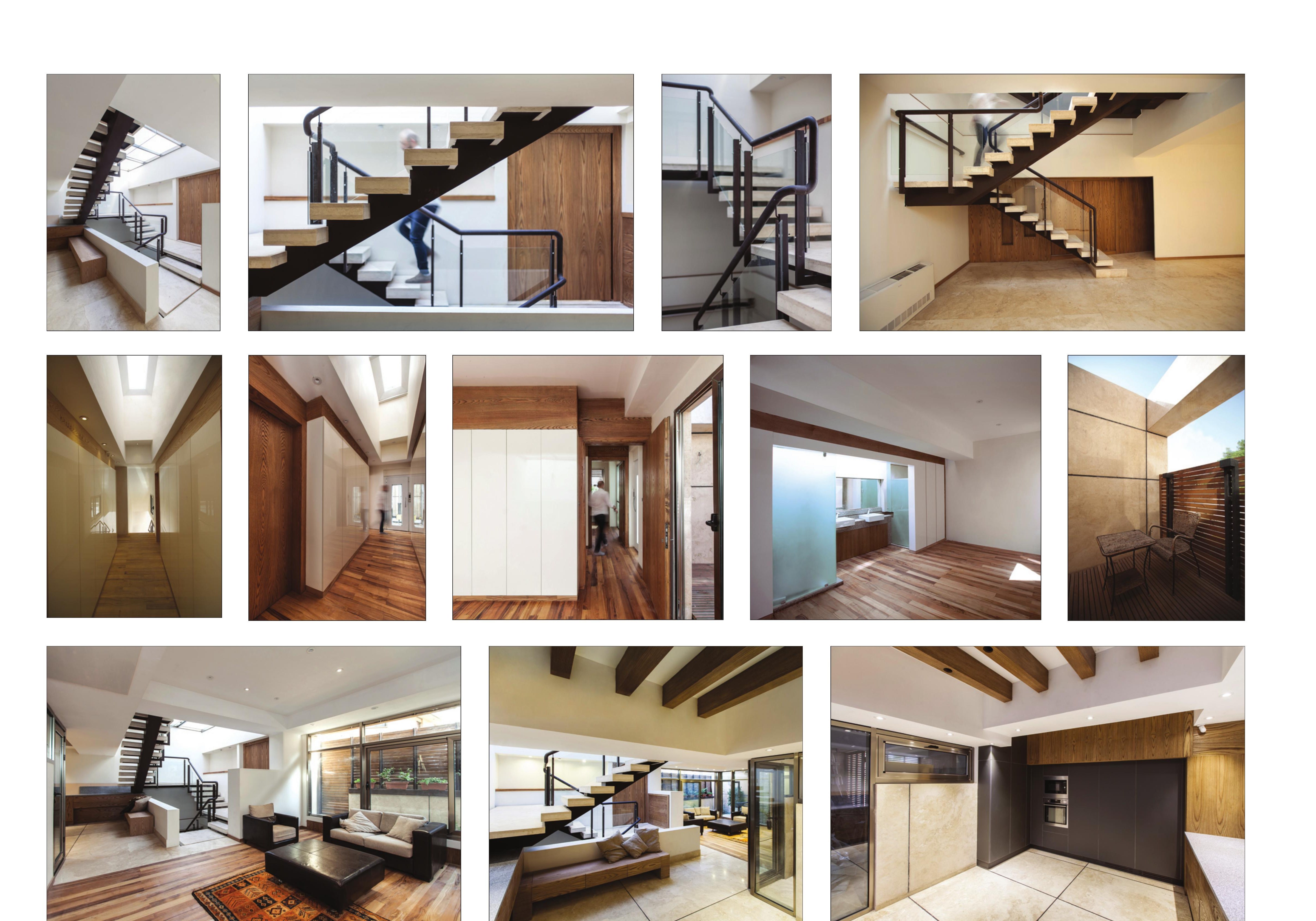 Interior collage: stair, corridor, and rooms in warm timber.