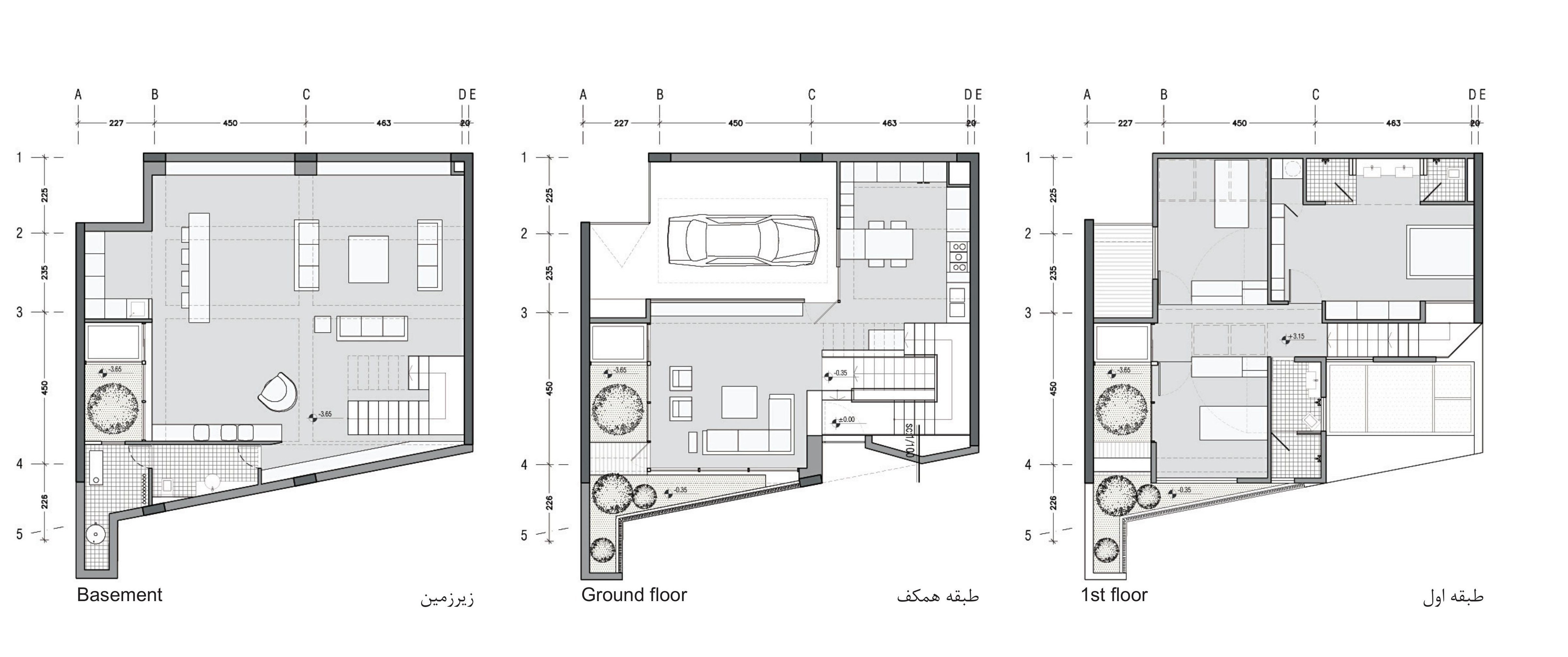 Basement, ground and first floor plans alongside the project's colour palette.