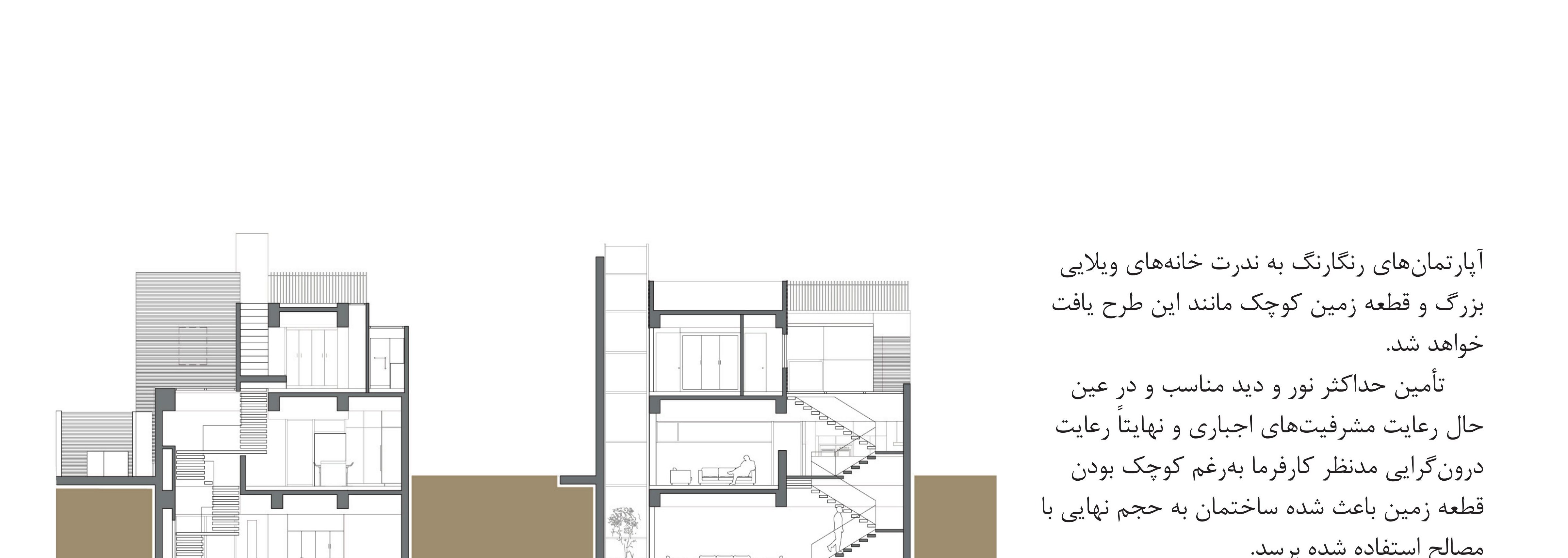 Section and massing diagrams showing the central void and the cantilevered upper floor.
